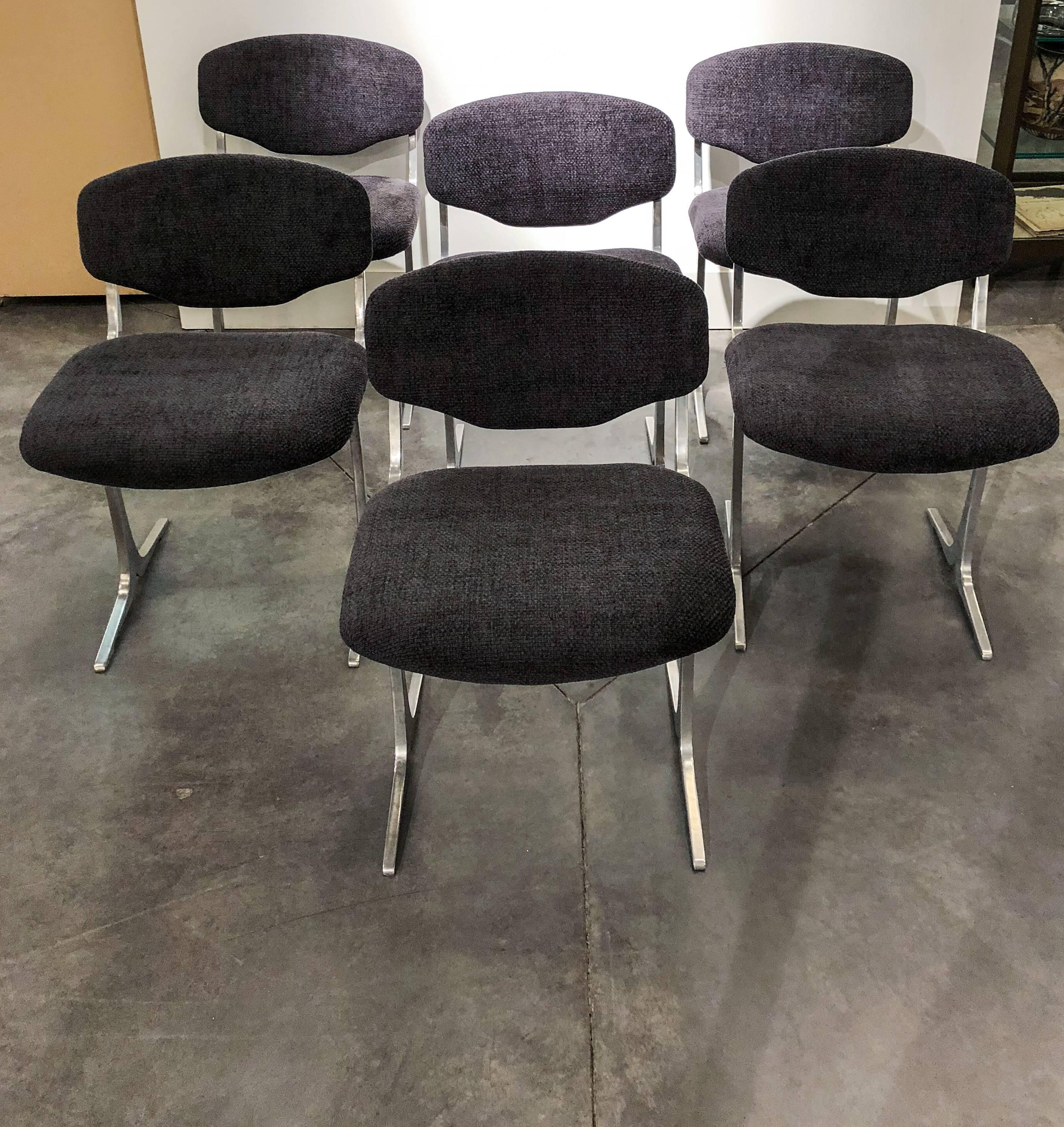Mid-Century Modern Suite of Six Modernist Stainless Steel and Fabric Chairs, France, 1970s