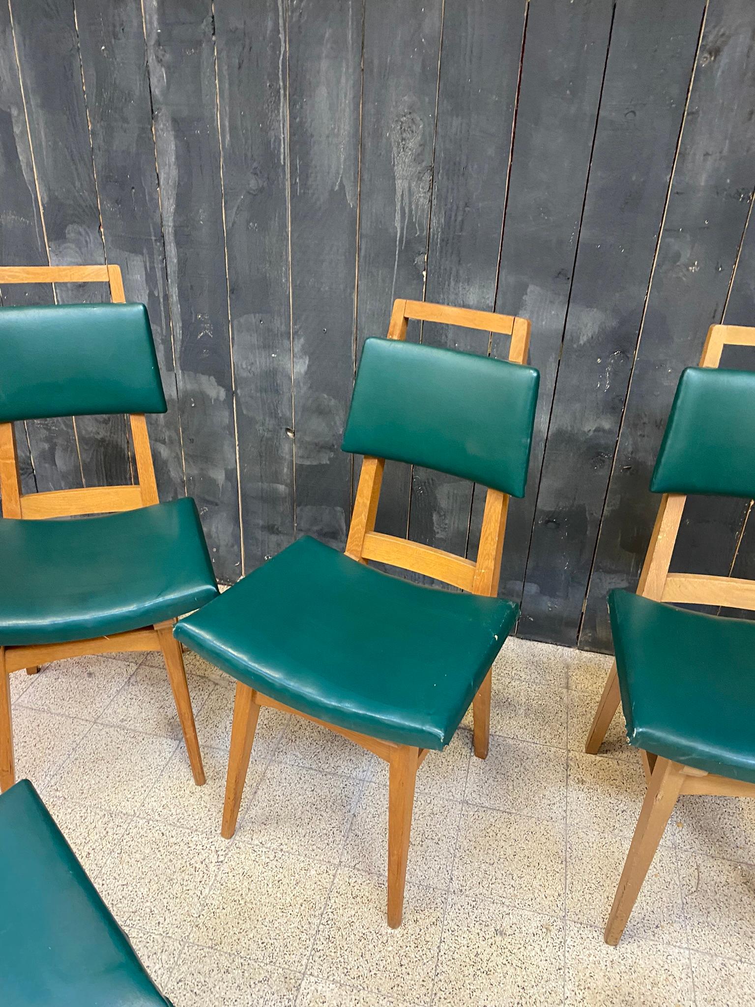 French Suite of 6 Oak Chairs, circa 1950 For Sale