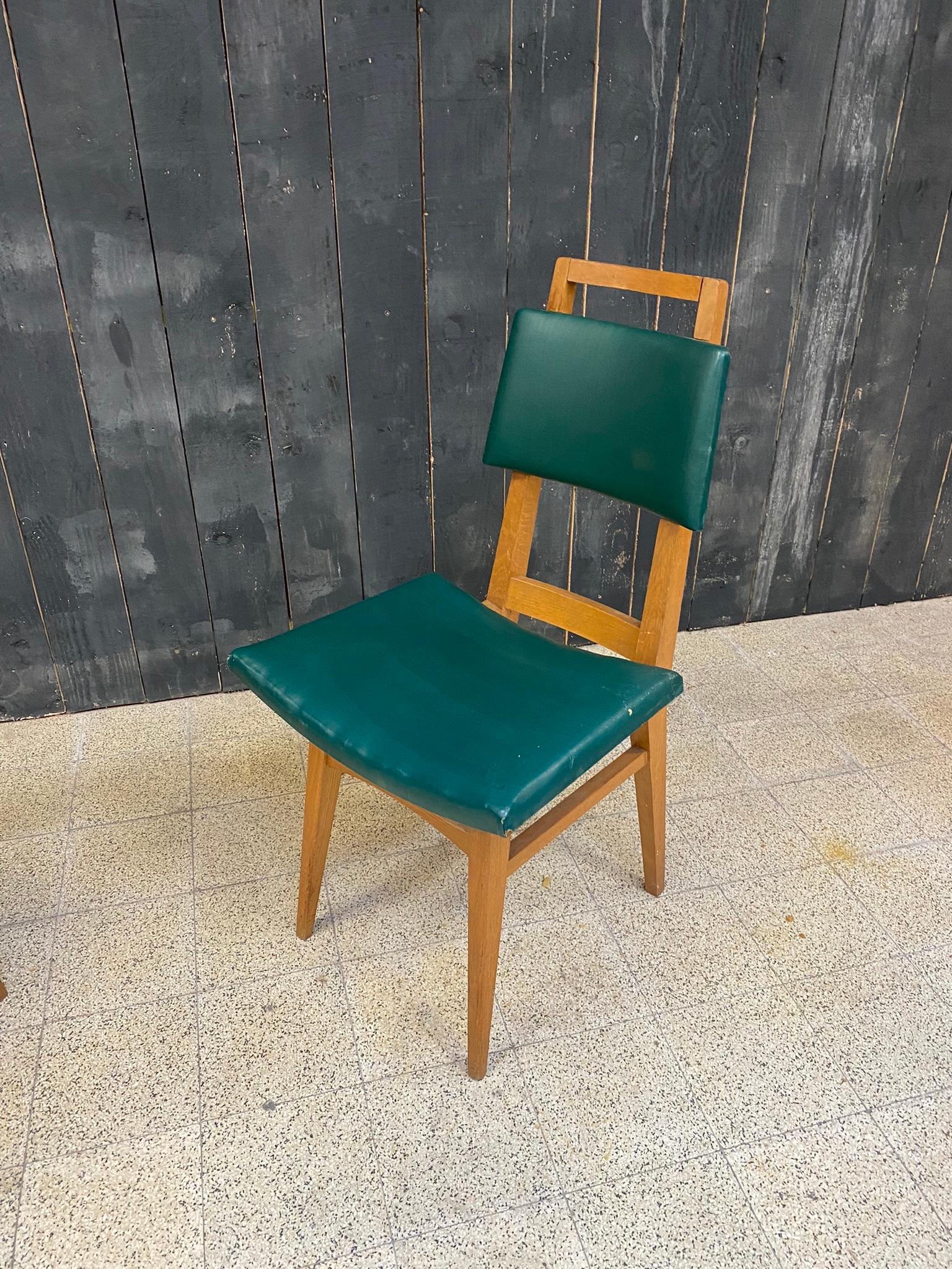 Faux Leather Suite of 6 Oak Chairs, circa 1950 For Sale
