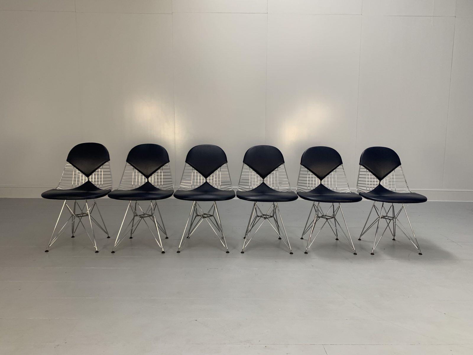 This is a rare suite of 6 of “Eames DKR-2” Chairs in Navy-Blue “Premium” leather from the world-renown Swiss furniture house, Vitra.

In a world of temporary pleasures, Vitra create beautiful furniture that remains a joy forever.

This suite of