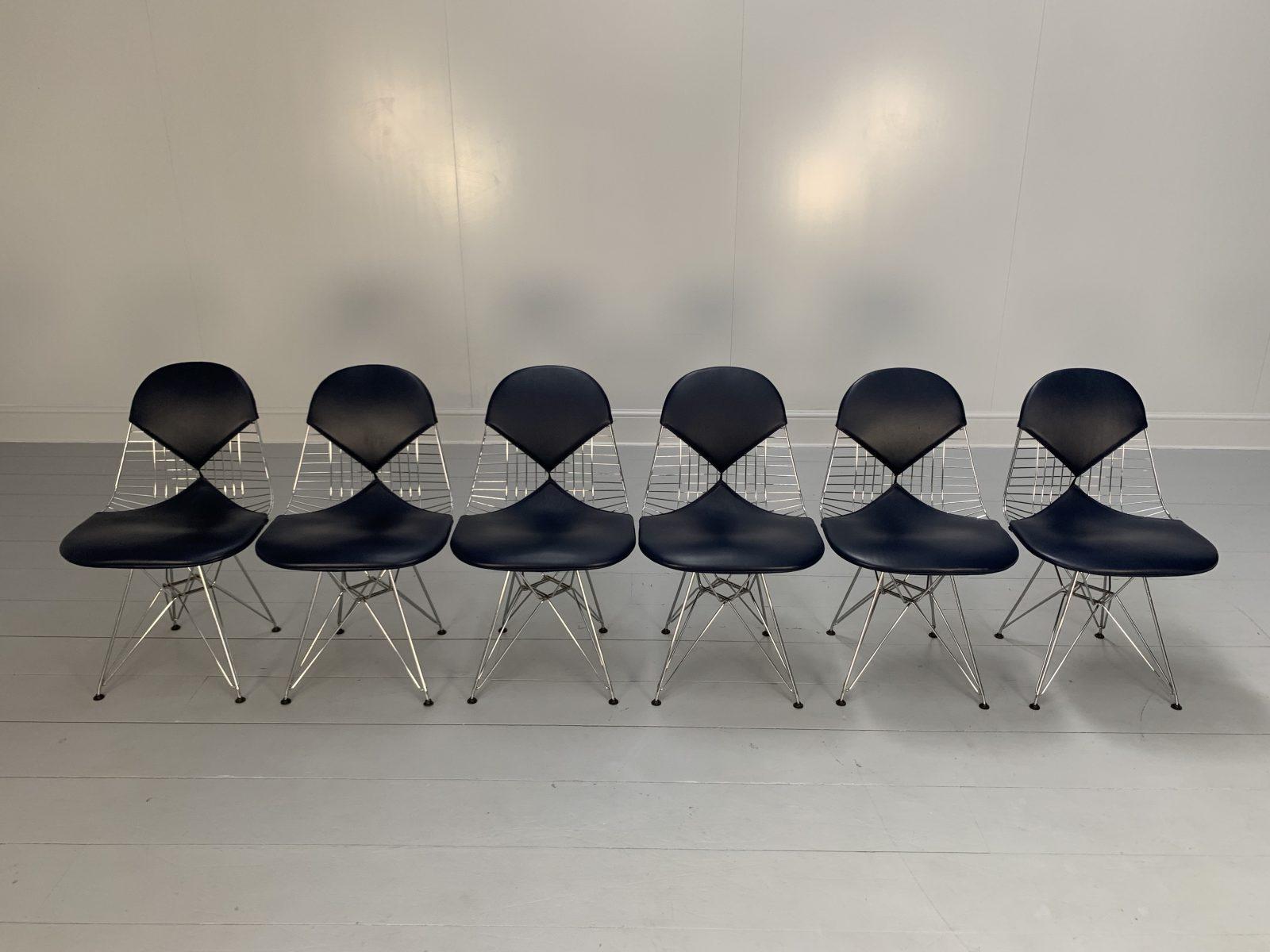 Suite of 6 Vitra “Eames DKR-2 Bikini” Chairs in Navy Blue Premium Leather In Good Condition For Sale In Barrowford, GB