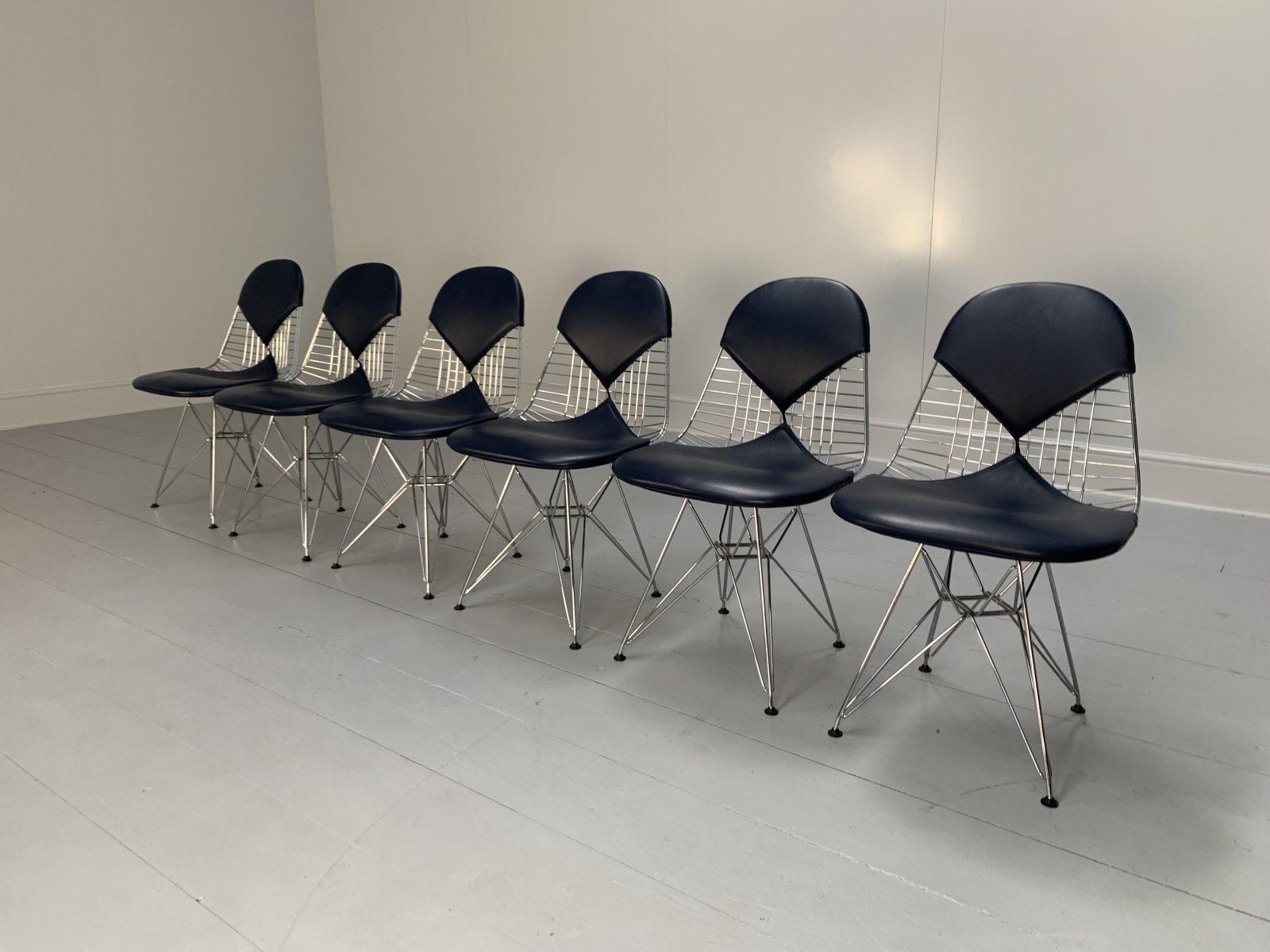 Contemporary Suite of 6 Vitra “Eames DKR-2 Bikini” Chairs in Navy Blue Premium Leather For Sale