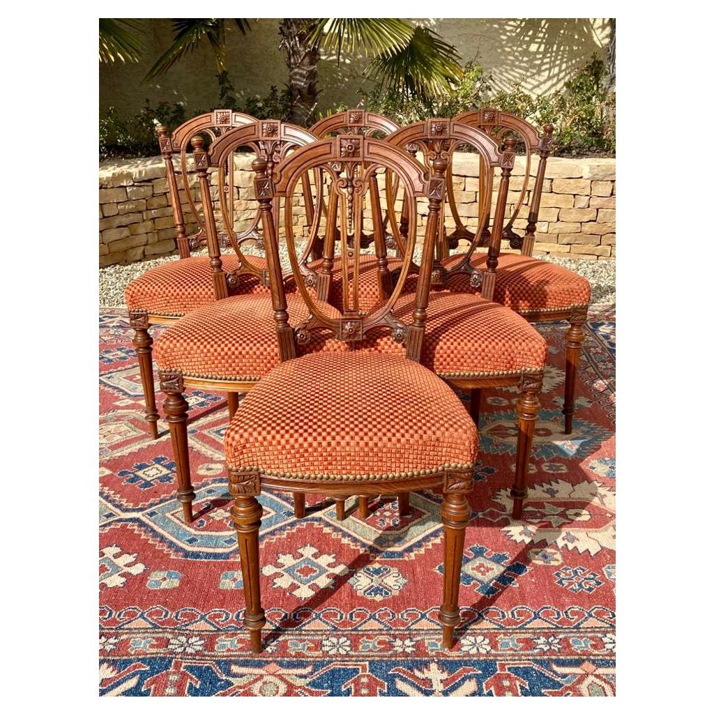 Suite of 6 Walnut Chairs, Louis XVI Style, 19th Century For Sale 5