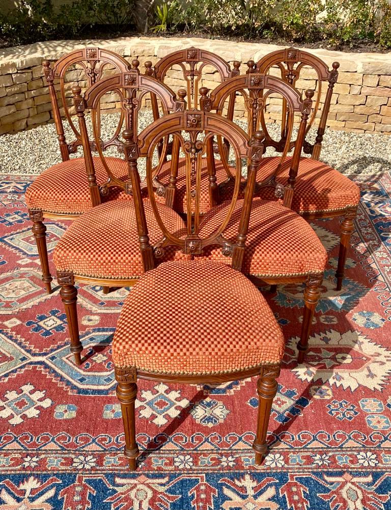 French Suite of 6 Walnut Chairs, Louis XVI Style, 19th Century For Sale