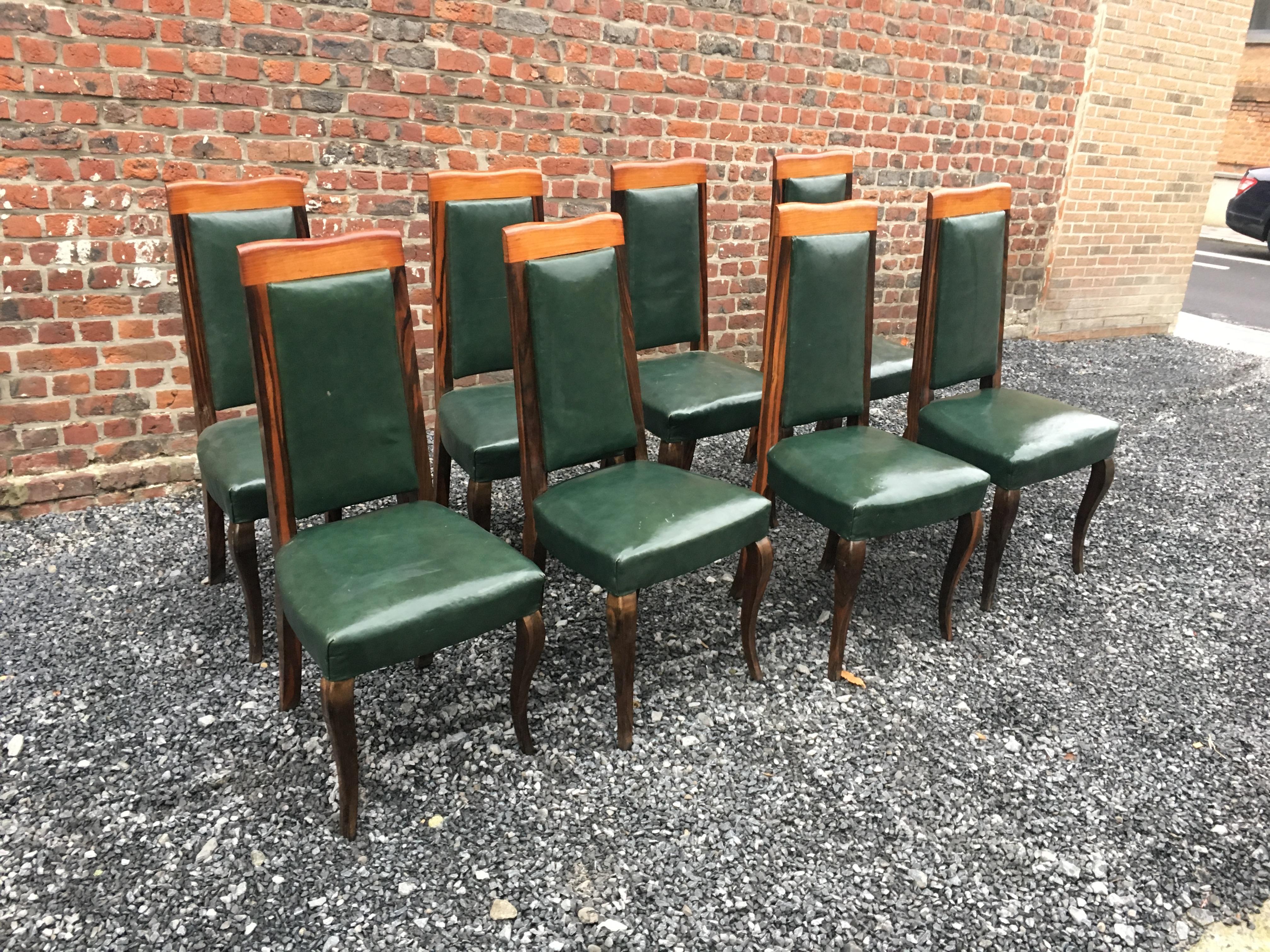 French Suite of 8 Art Deco Chairs in Macassar Ebony and Leather For Sale