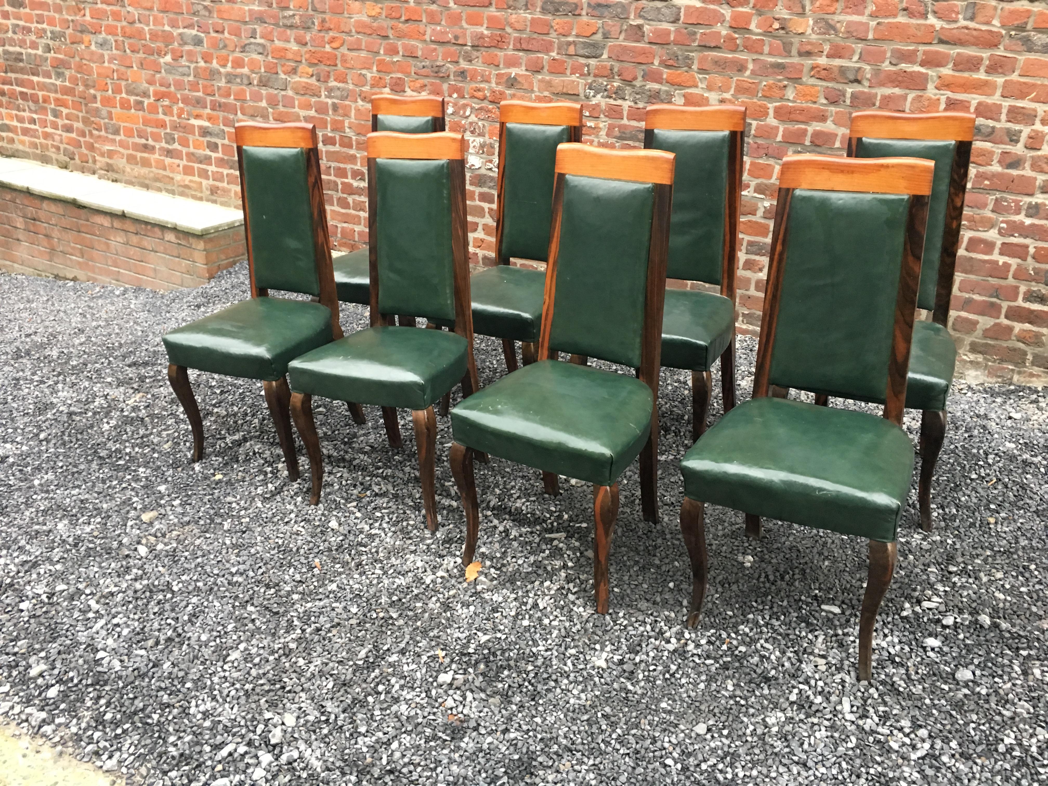 Mid-20th Century Suite of 8 Art Deco Chairs in Macassar Ebony and Leather For Sale