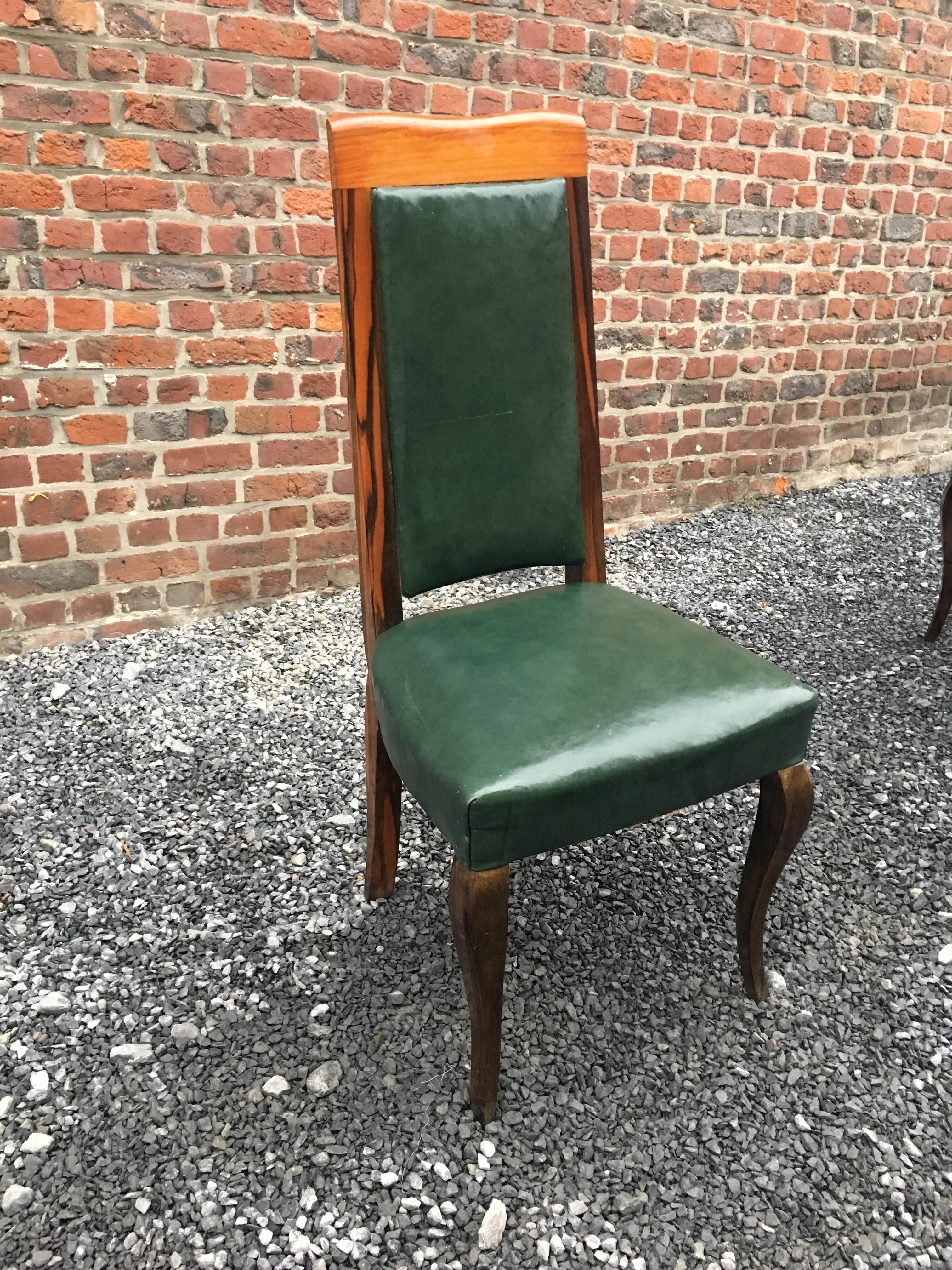 Suite of 8 Art Deco Chairs in Macassar Ebony and Leather For Sale 1