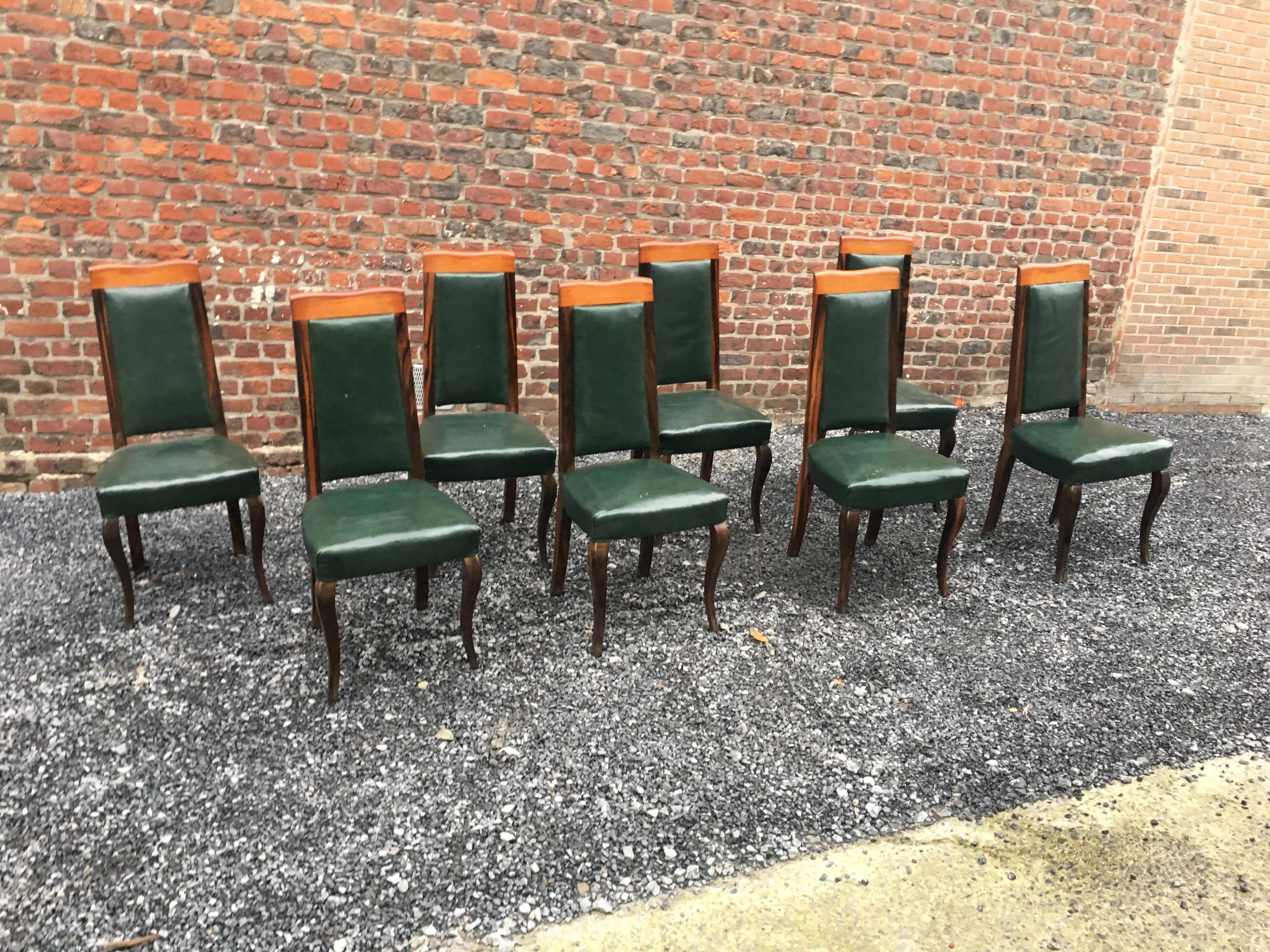 Suite of 8 Art Deco Chairs in Macassar Ebony and Leather For Sale 3