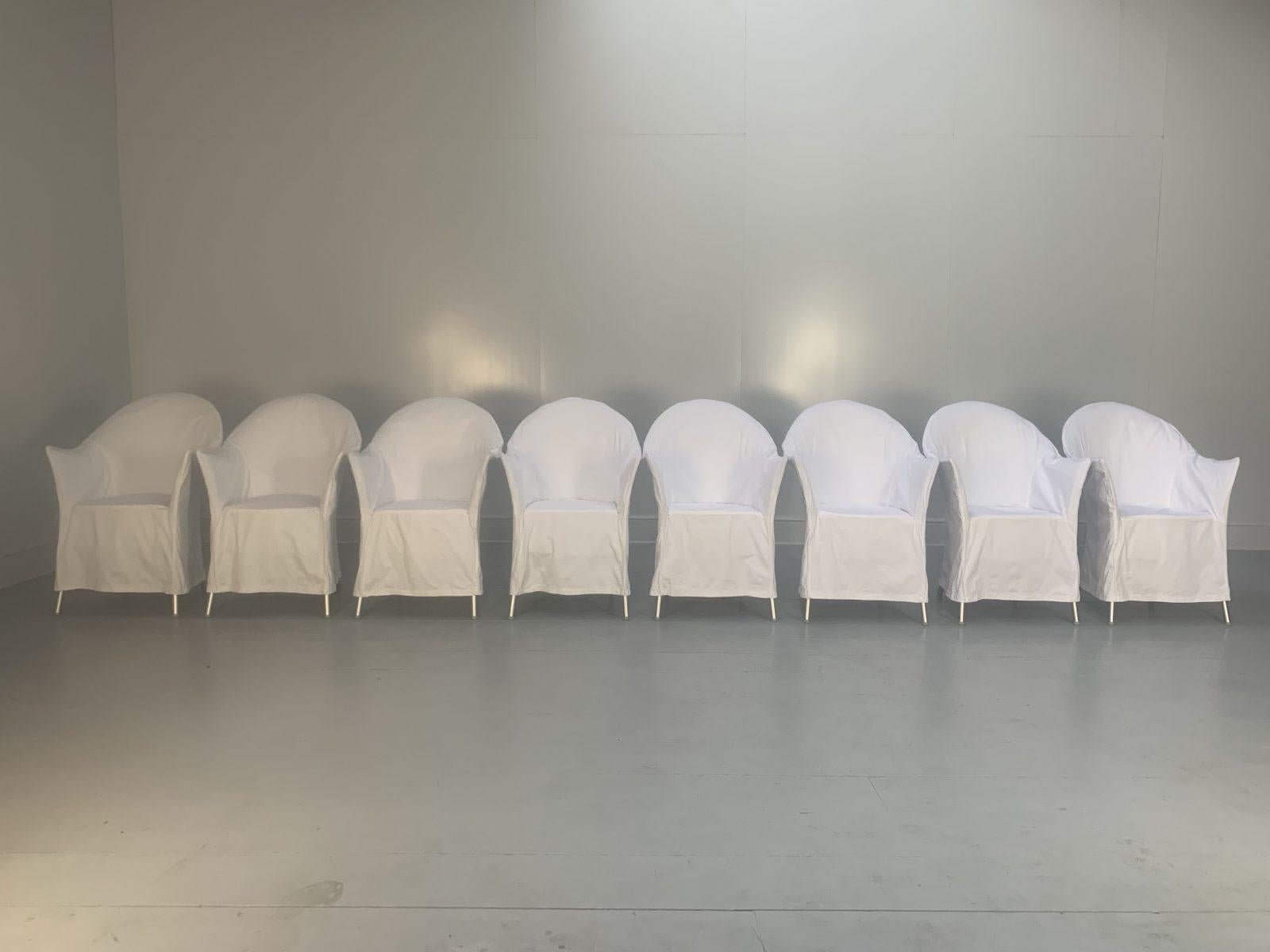 Contemporary Suite of 8 Driade “Lord Yo” Outdoor Dining Chairs with White Cotton Covers For Sale