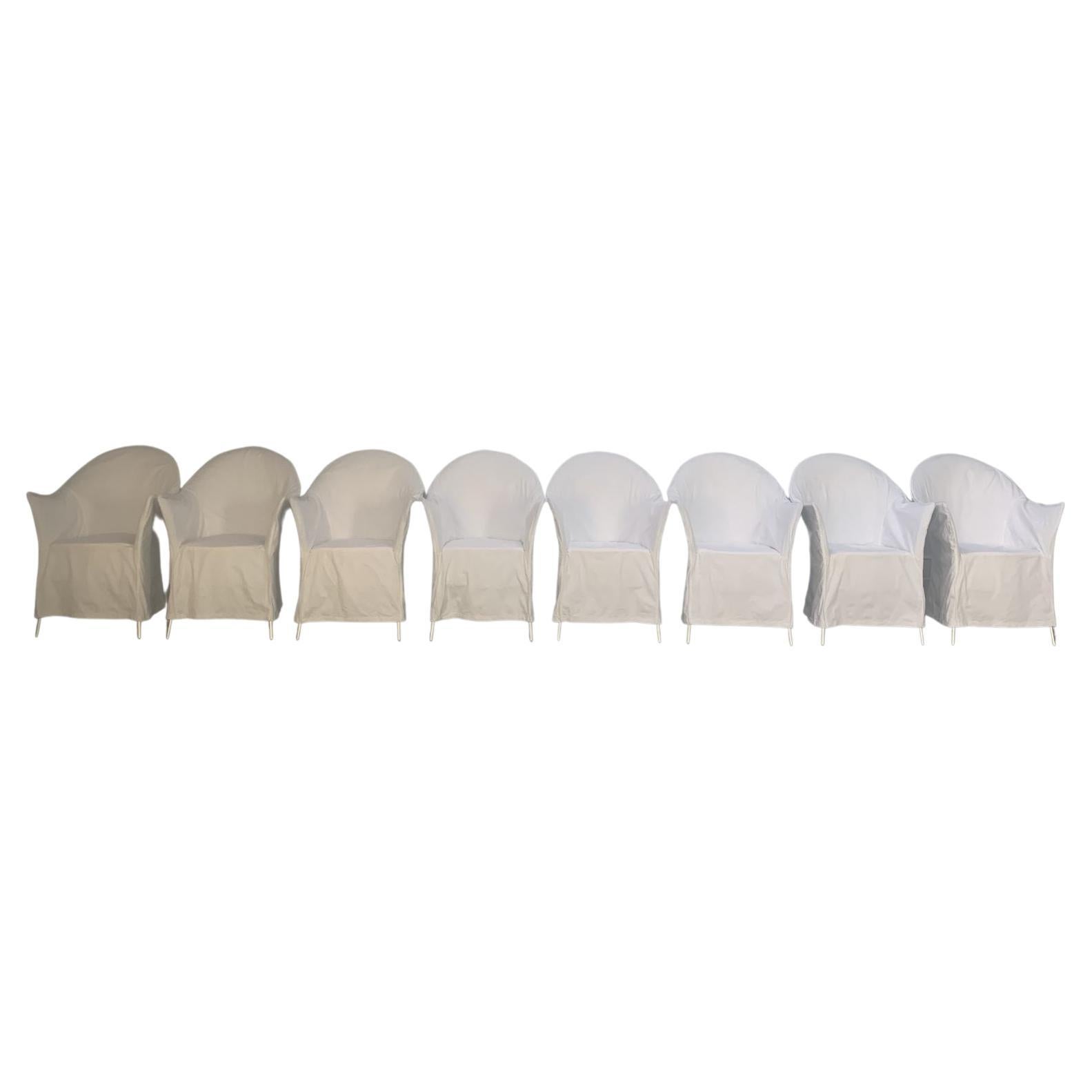 Suite of 8 Driade “Lord Yo” Outdoor Dining Chairs with White Cotton Covers For Sale