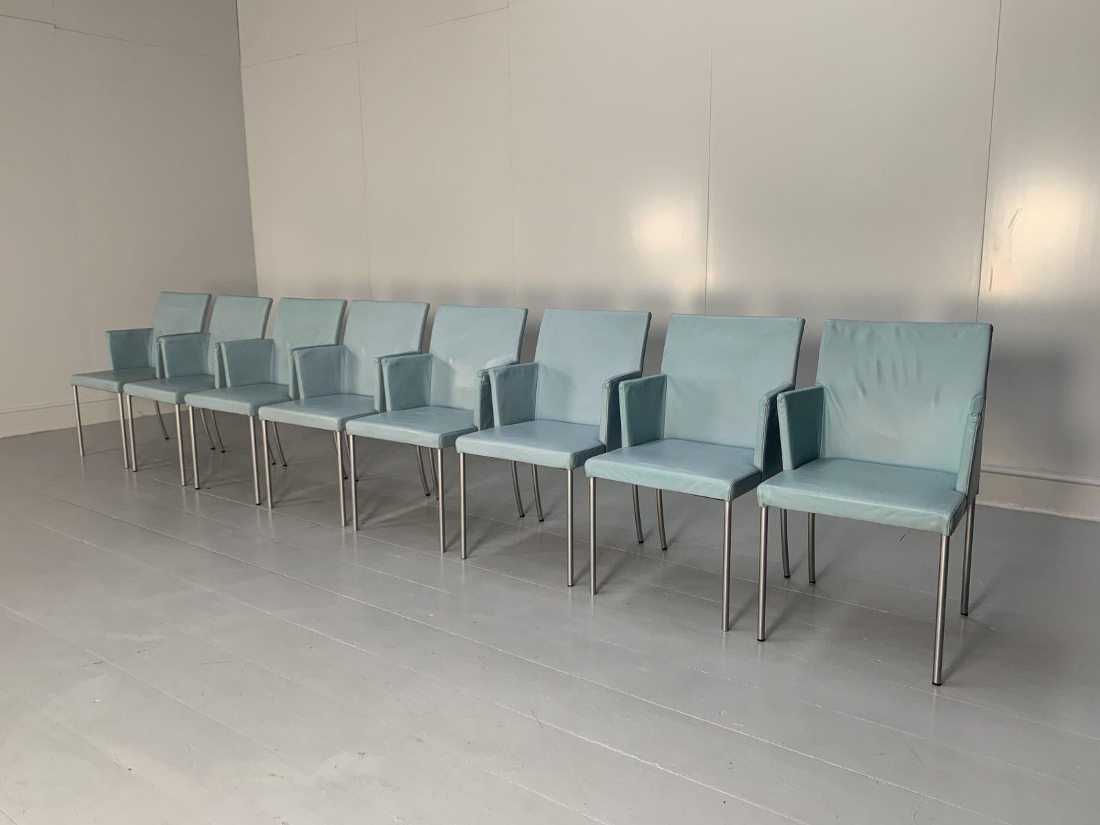 Contemporary Suite of 8 Walter Knoll “Jason 391” Dining Chairs, in Sky Blue Leather For Sale