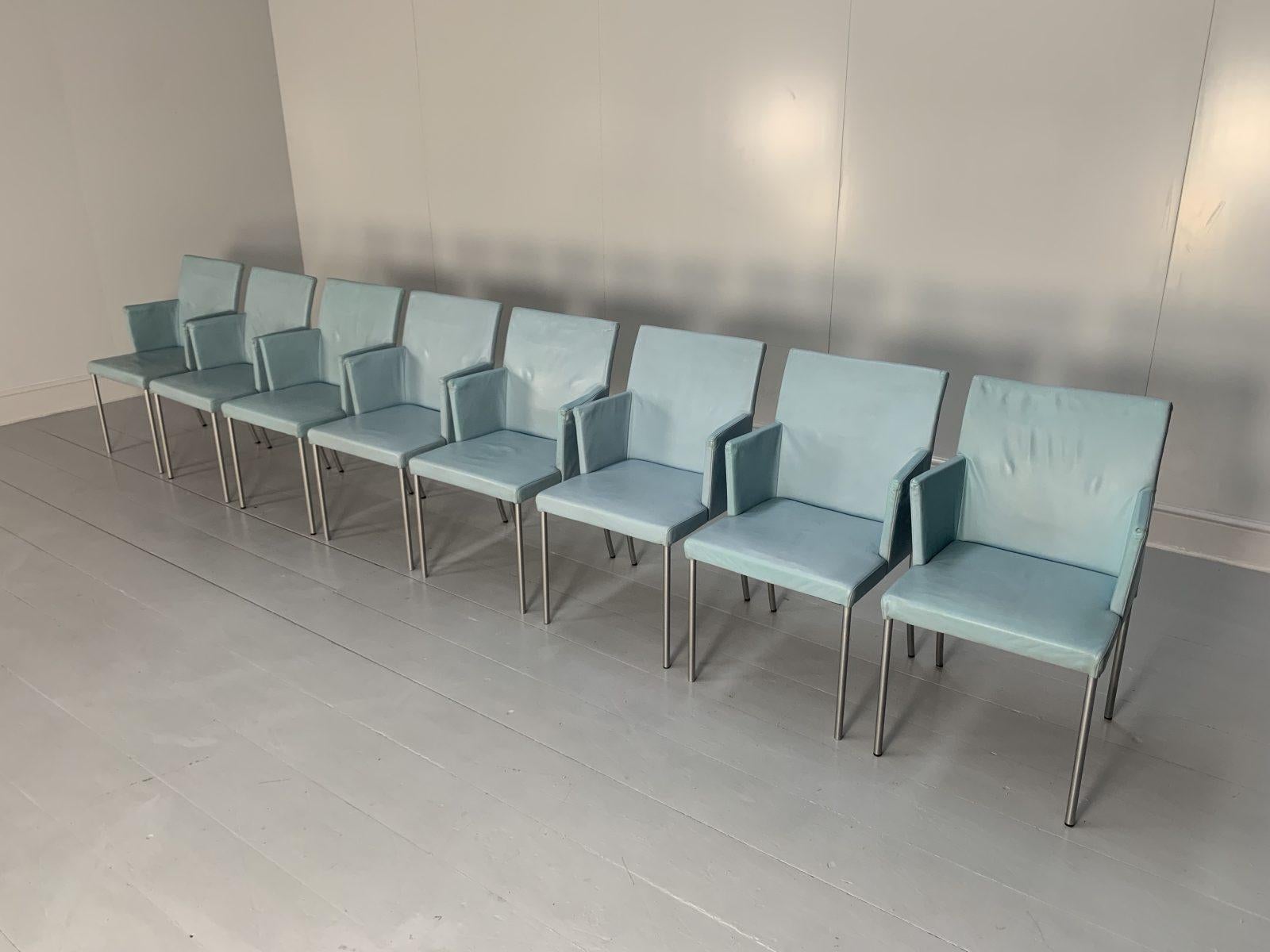Suite of 8 Walter Knoll “Jason 391” Dining Chairs, in Sky Blue Leather For Sale 1