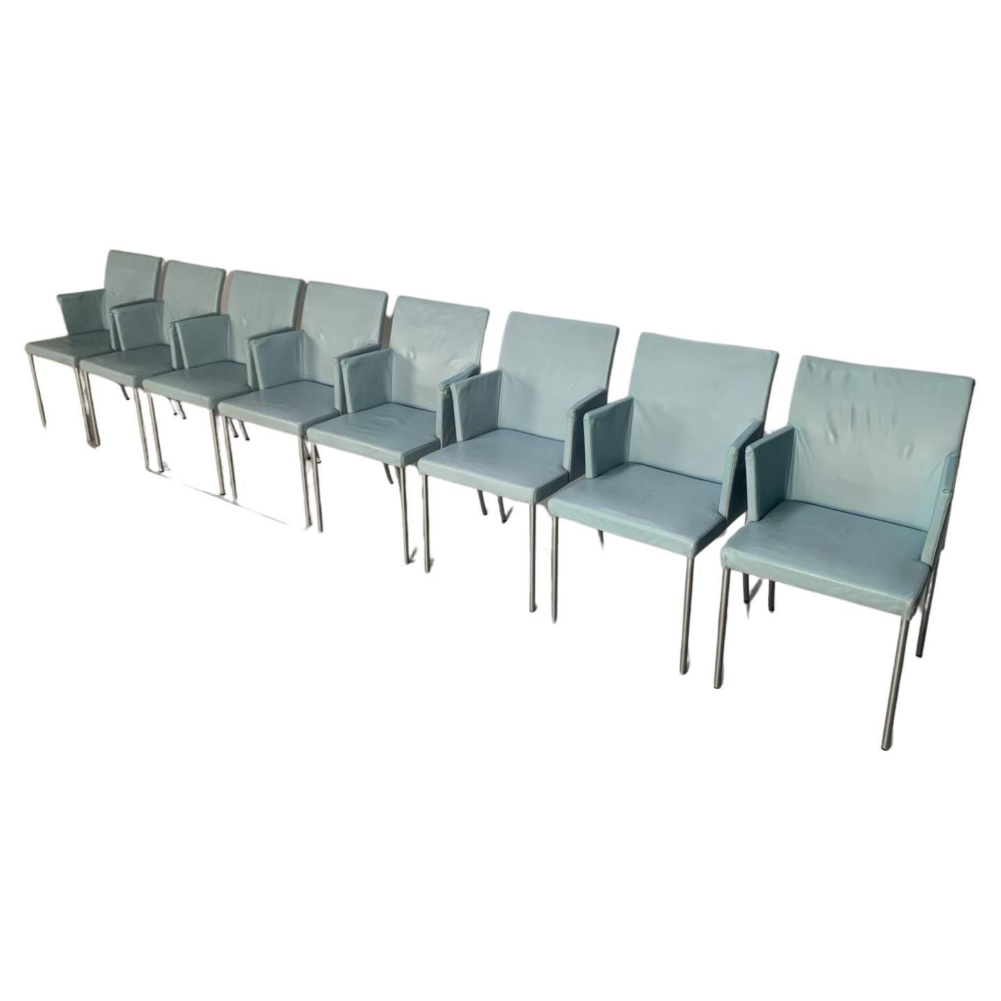 Suite of 8 Walter Knoll “Jason 391” Dining Chairs, in Sky Blue Leather For Sale
