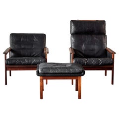 Suite of Danish Midcentury Leather Chairs with Ottoman