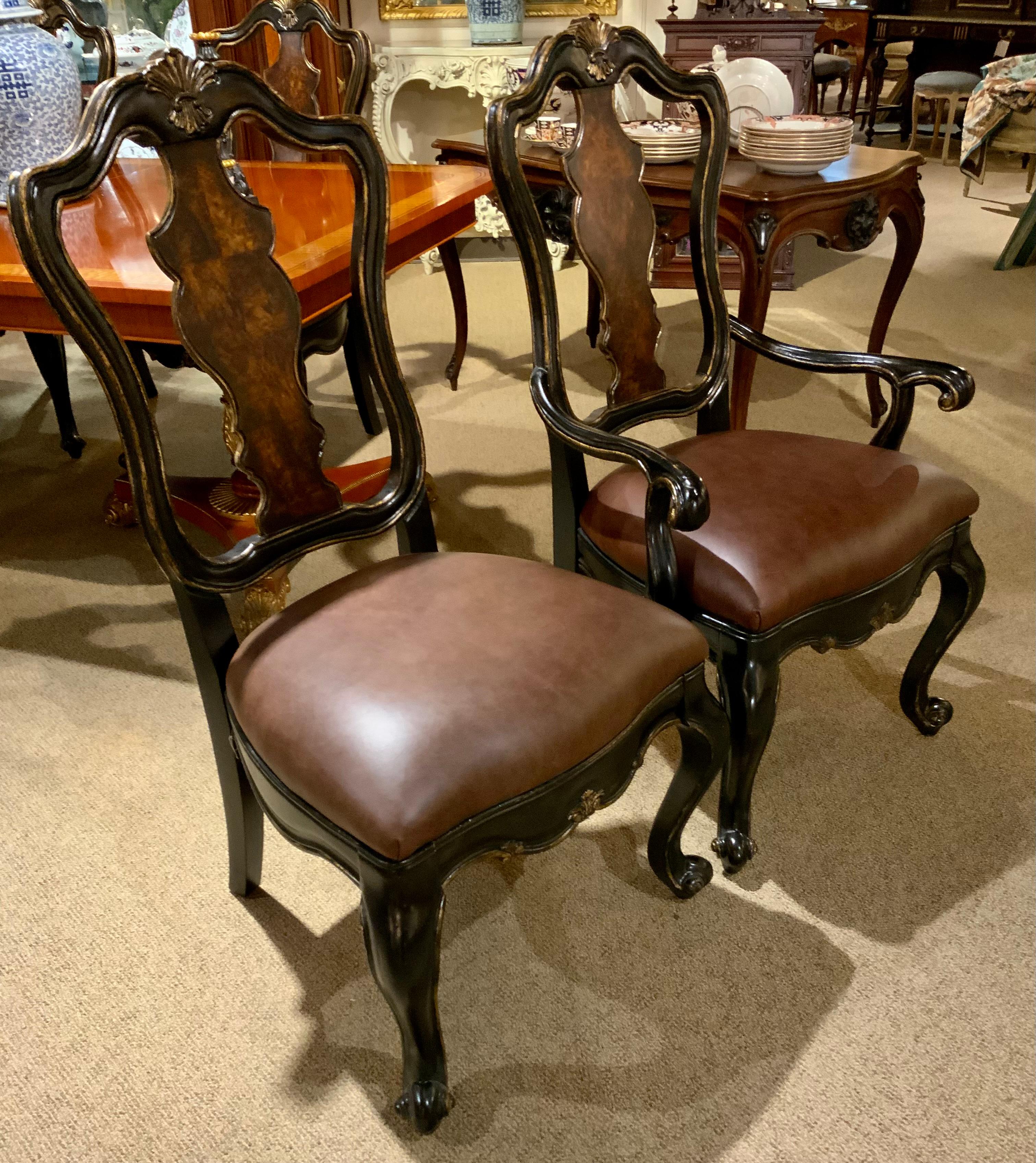 Louis XV Suite of eight Ebonized and Burl Wood Dining Chairs For Sale