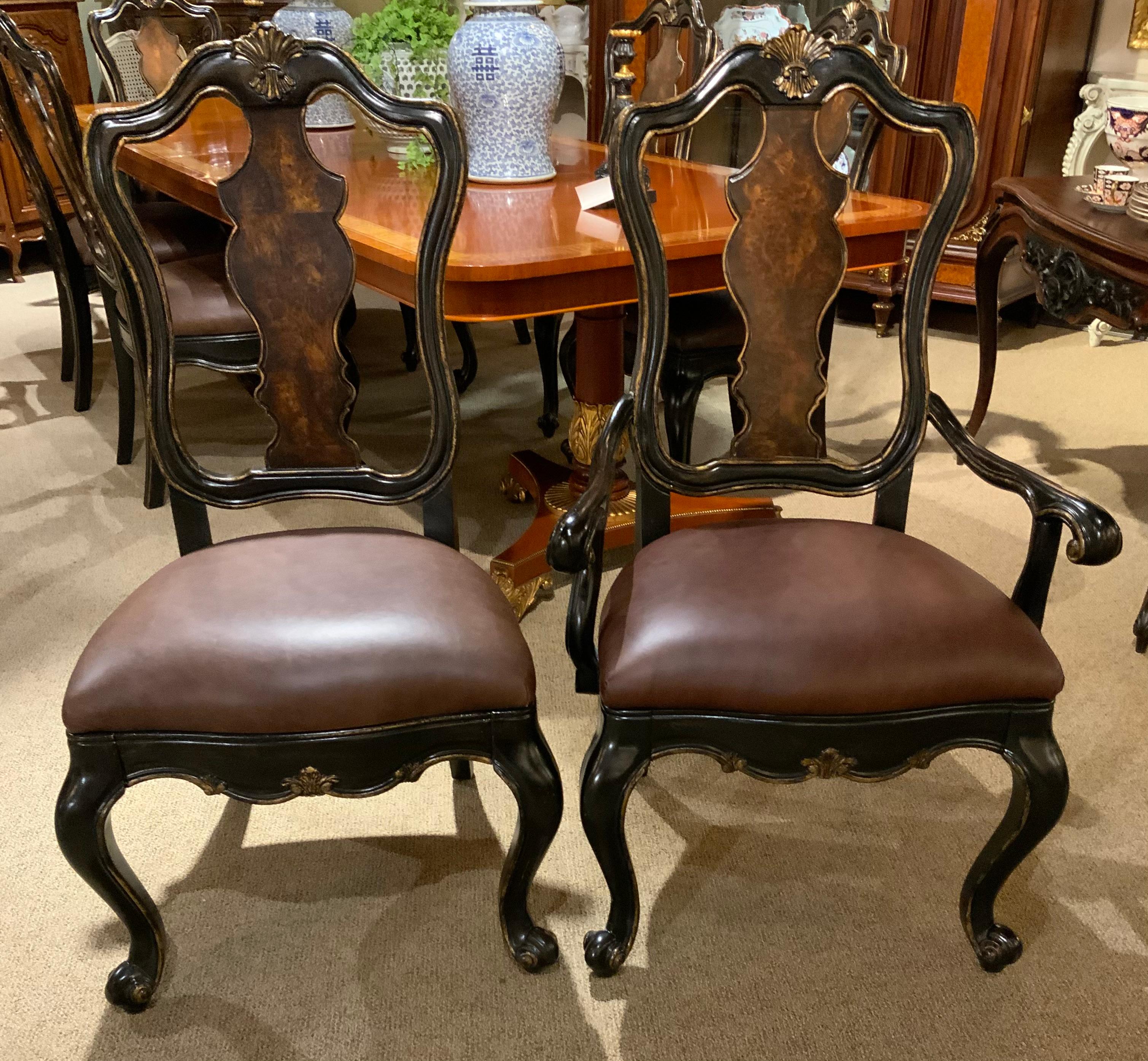 French Suite of eight Ebonized and Burl Wood Dining Chairs For Sale
