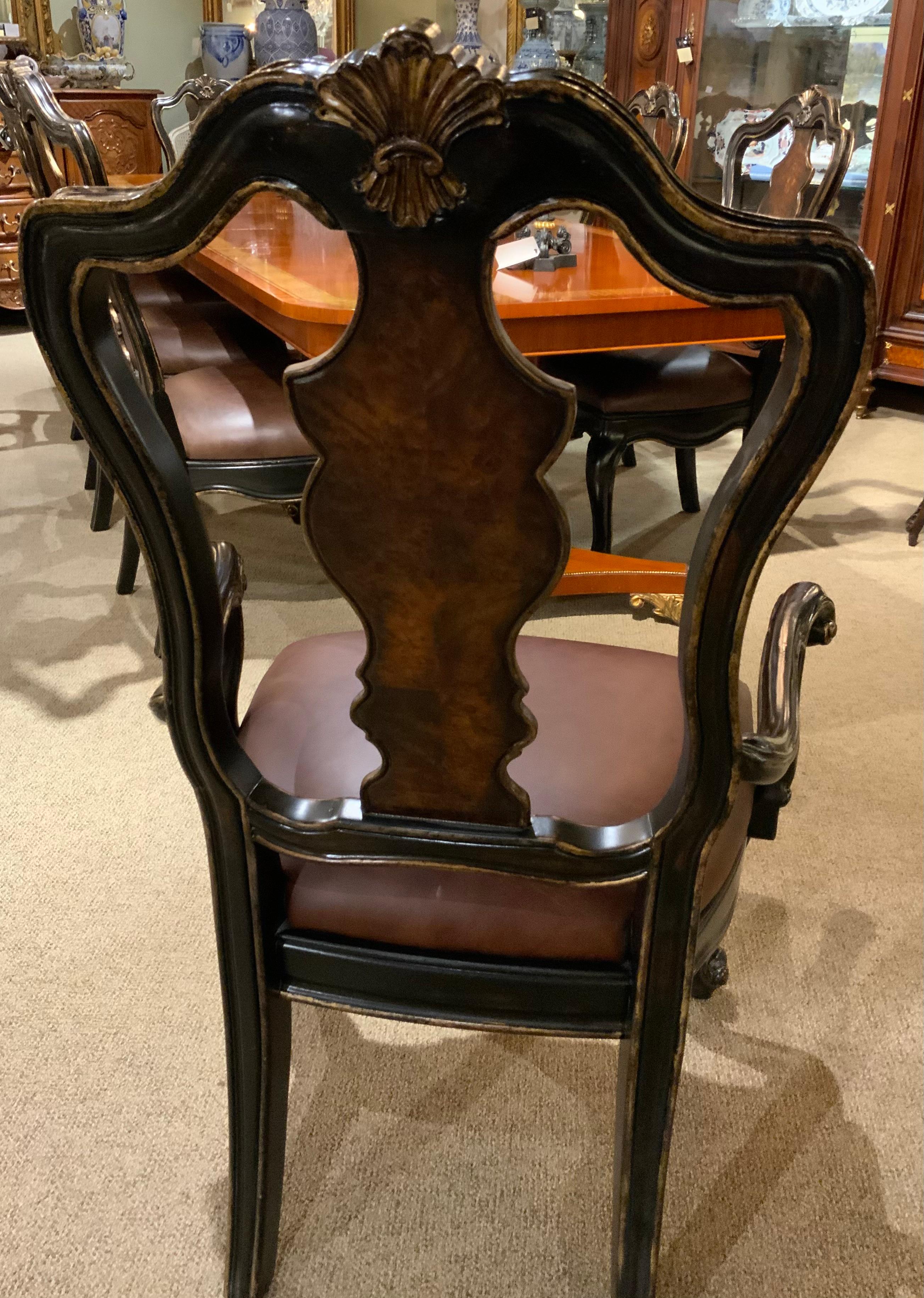 Suite of eight Ebonized and Burl Wood Dining Chairs In Good Condition For Sale In Houston, TX