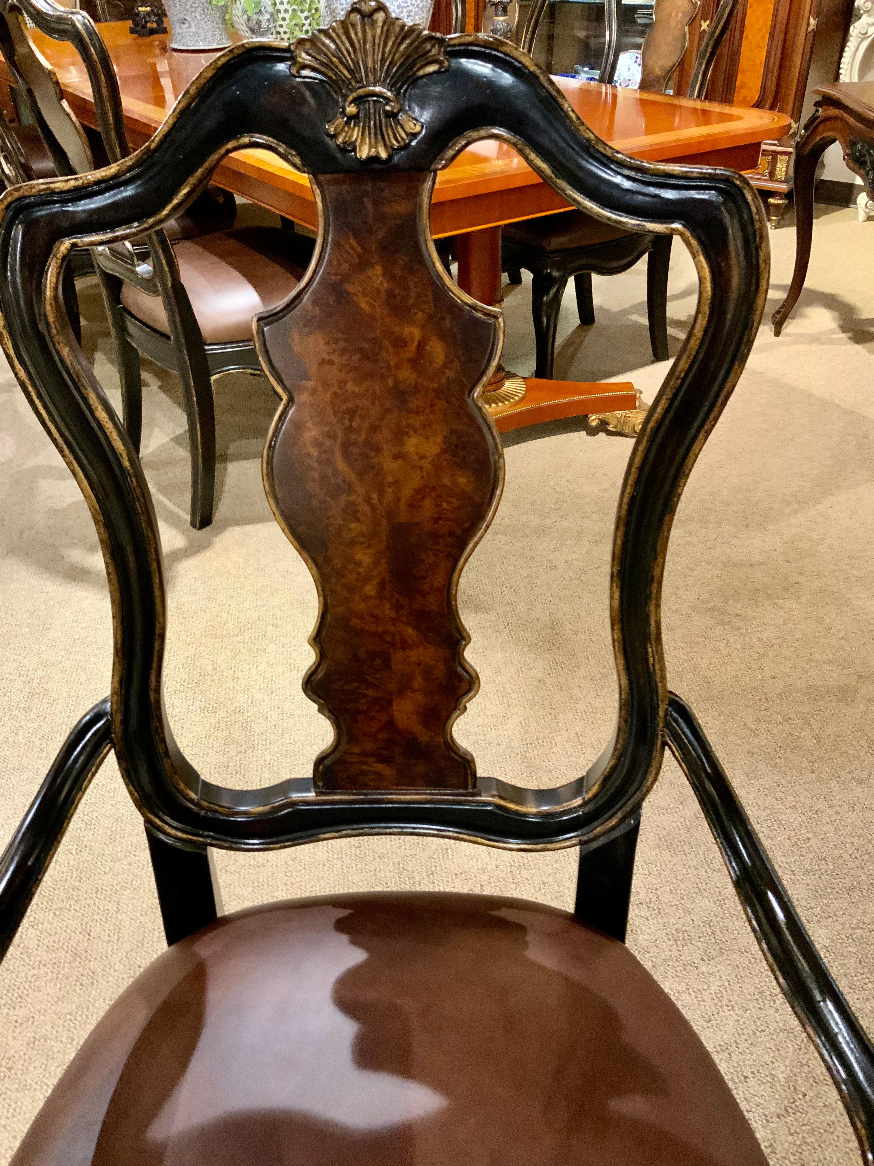 Hardwood Suite of eight Ebonized and Burl Wood Dining Chairs For Sale