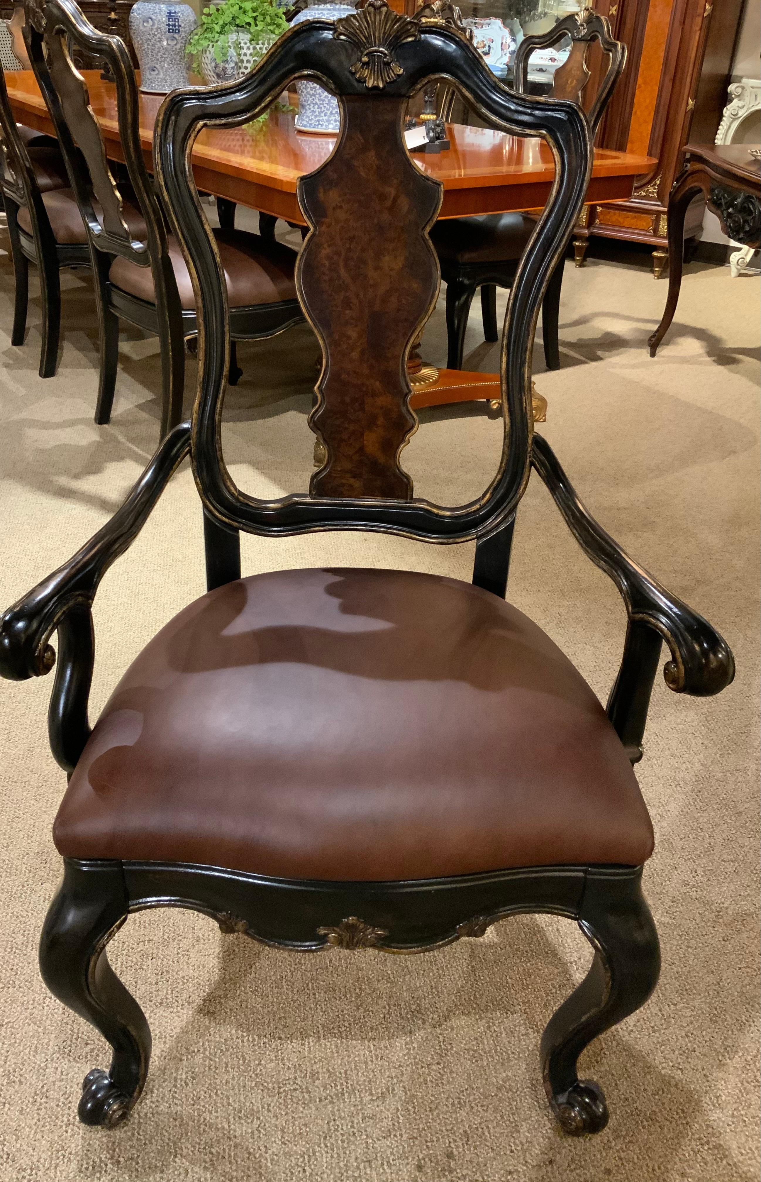 Suite of eight Ebonized and Burl Wood Dining Chairs For Sale 1