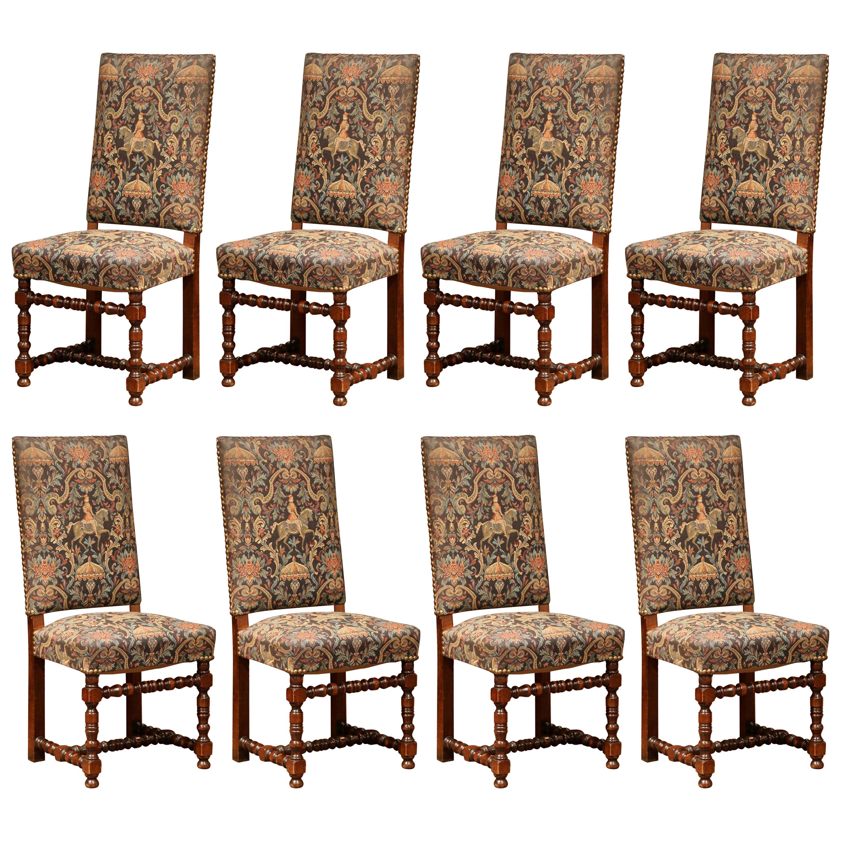 Suite of Eight French Louis XIII Carved Walnut and Tapestry Dining Room Chairs