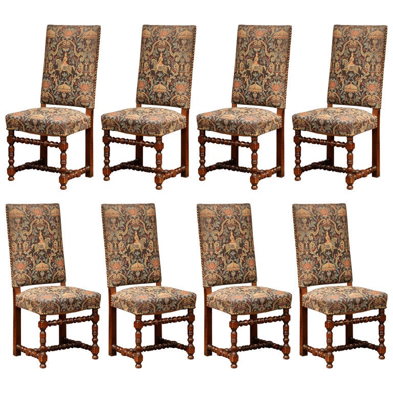 Suite of Eight French Louis XIII Carved Walnut and Tapestry Dining Room  Chairs at 1stDibs