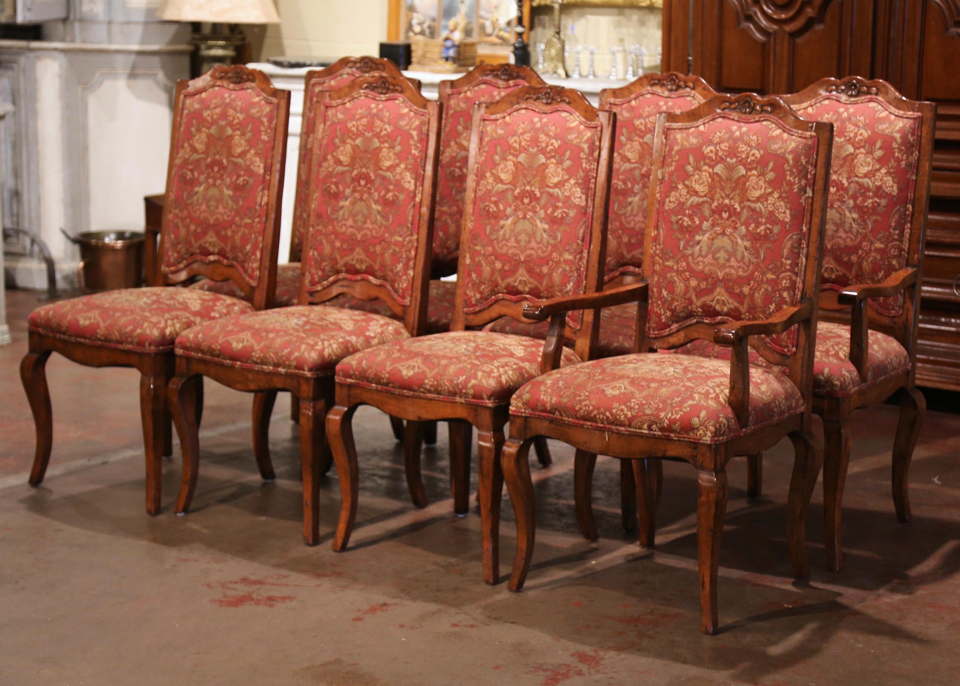 Patinated Suite of Eight French Louis XV Walnut Ladder Back Chairs and Marching Armchairs