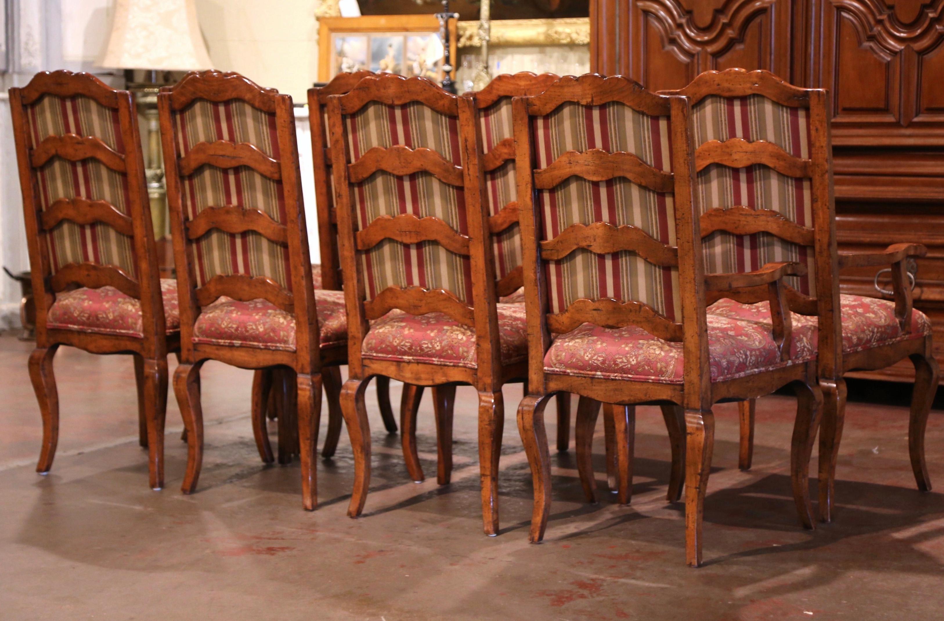 Fabric Suite of Eight French Louis XV Walnut Ladder Back Chairs and Marching Armchairs