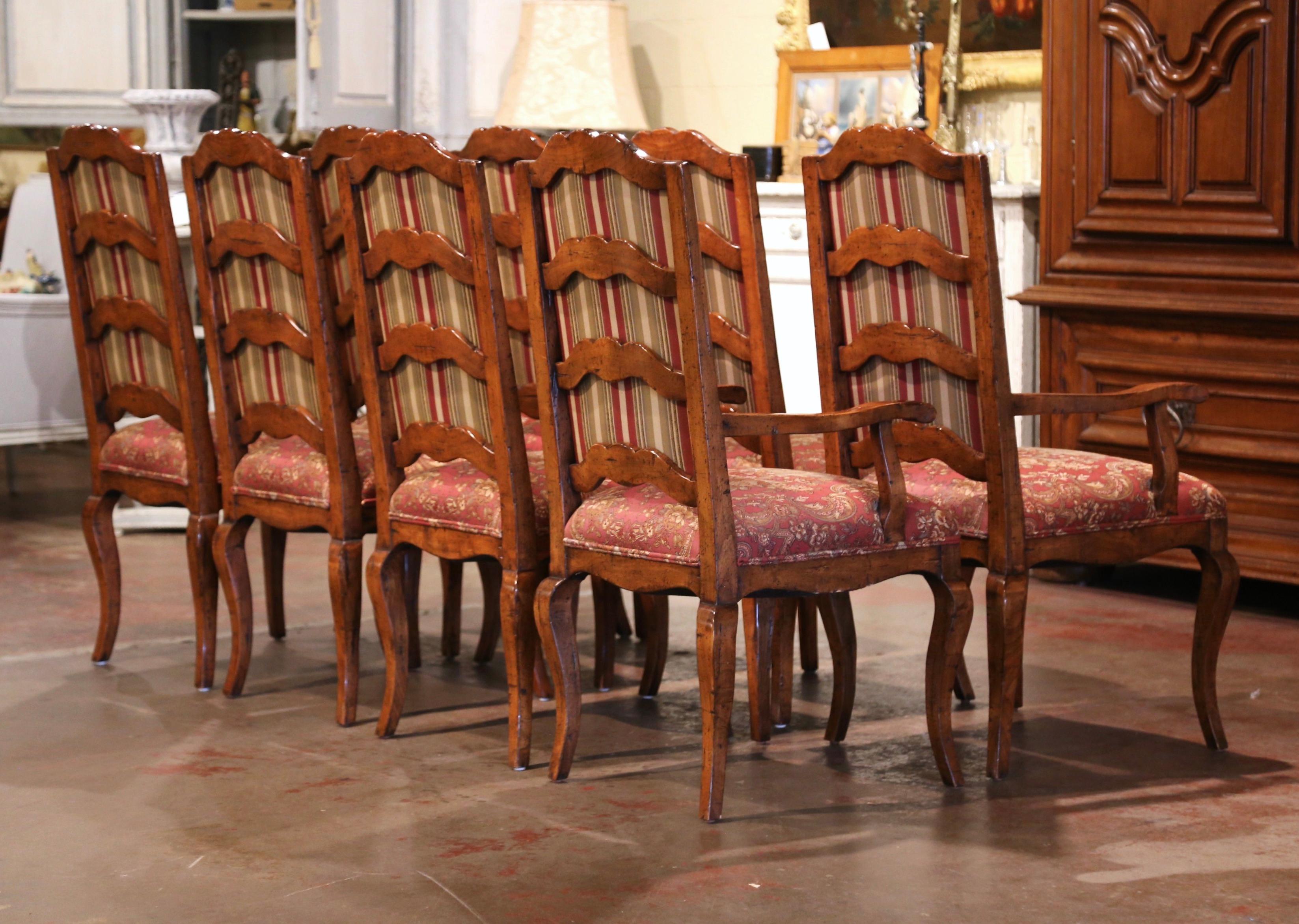 Suite of Eight French Louis XV Walnut Ladder Back Chairs and Marching Armchairs 1