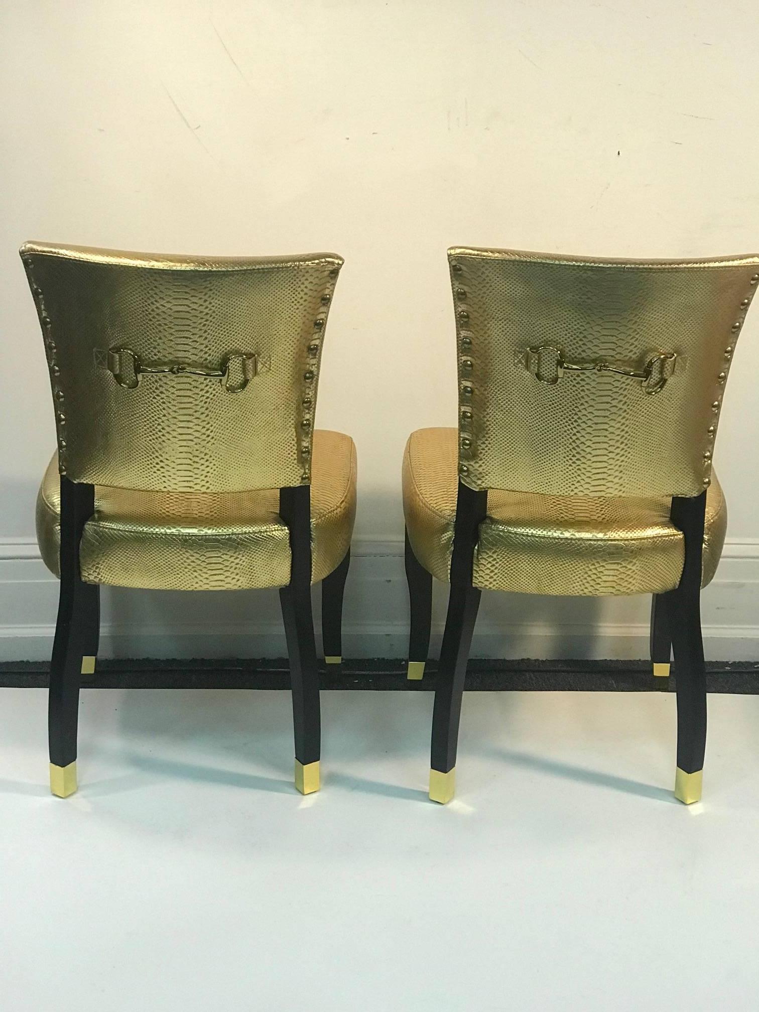 Modern Suite of Eight Gold Faux Snakeskin Chairs with Decorative Gold Buckle Backs For Sale