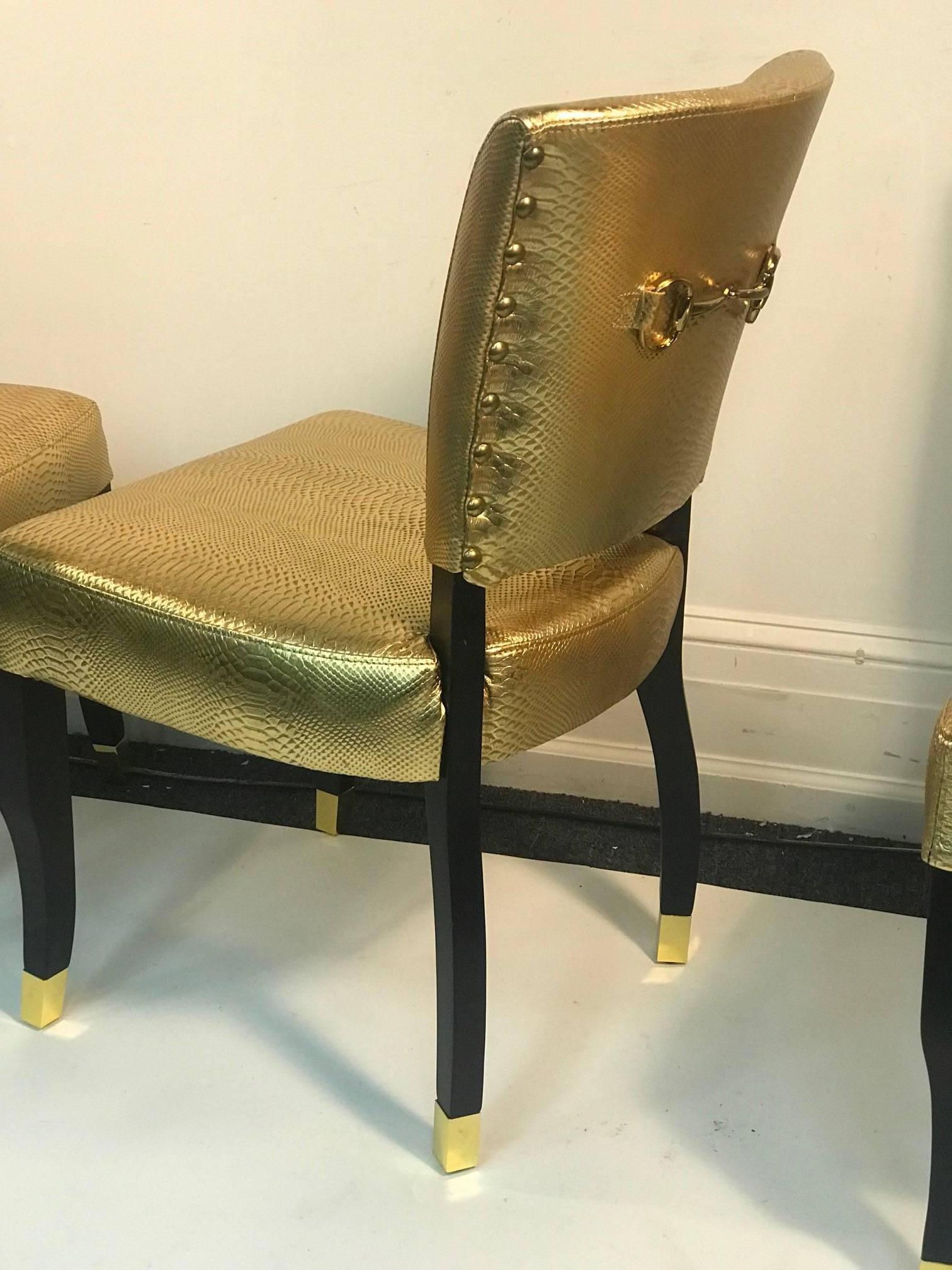 Suite of Eight Gold Faux Snakeskin Chairs with Decorative Gold Buckle Backs In Excellent Condition For Sale In Allentown, PA