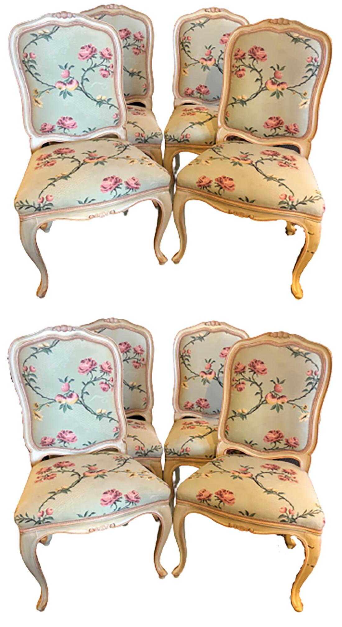 Italian Suite of Eight Louis XV Style Polychrome Chairs, Made in Italy