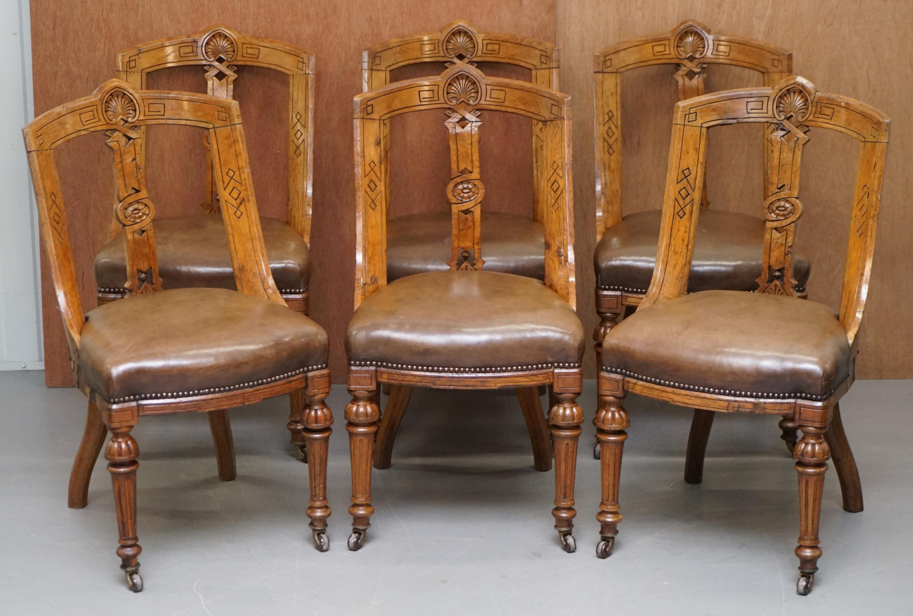 Suite of Eight Victorian Spoon Back Pollard Oak Hand Carved Dining Chairs 8 3