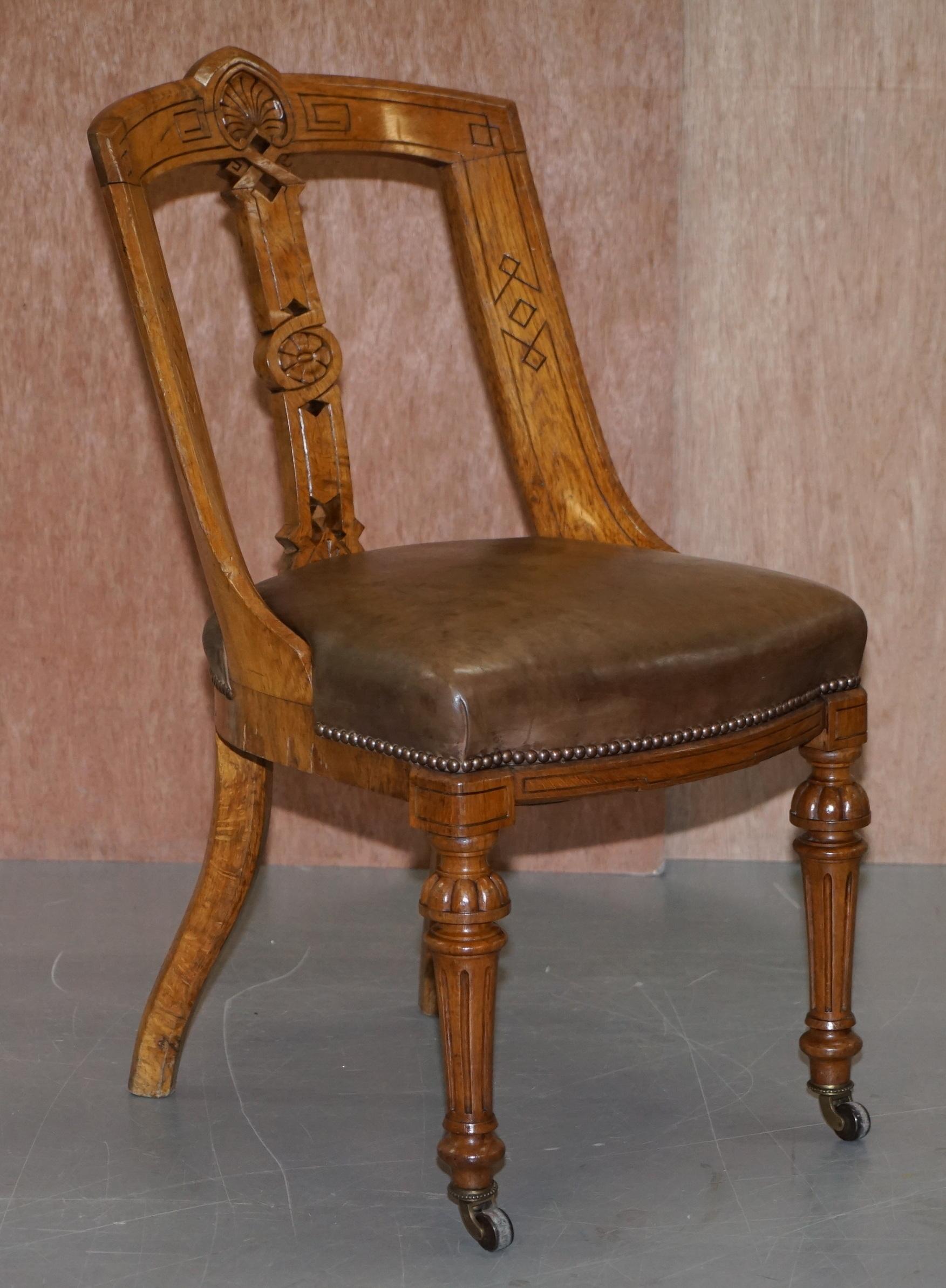 Suite of Eight Victorian Spoon Back Pollard Oak Hand Carved Dining Chairs 8 4