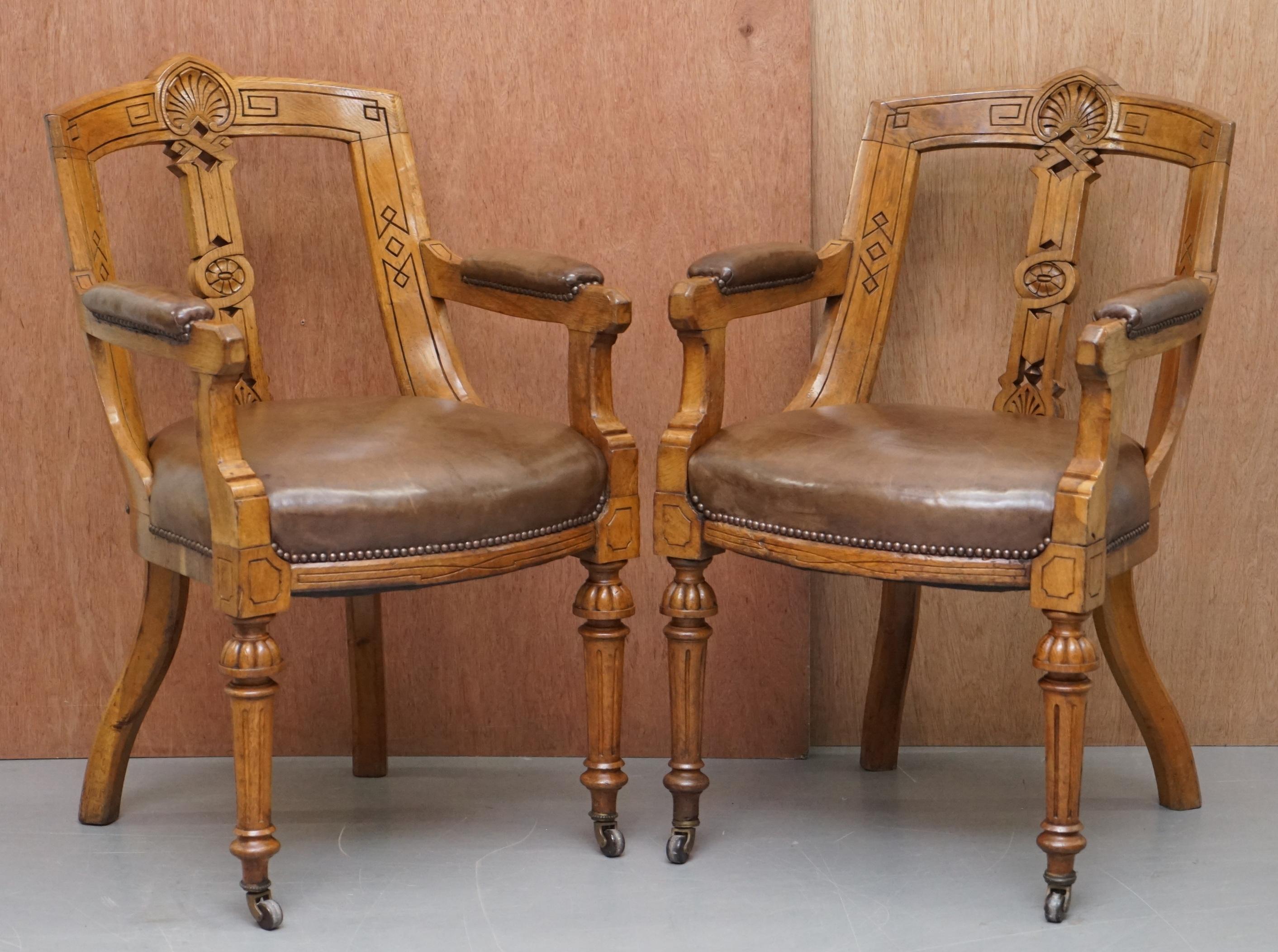 We are delighted to offer for sale this sublime suite of eight original Victorian spoon back pollard oak dining chairs 

These are a very well made set, the frames are ornately carved all over and finished with porcelain castors. The seats are