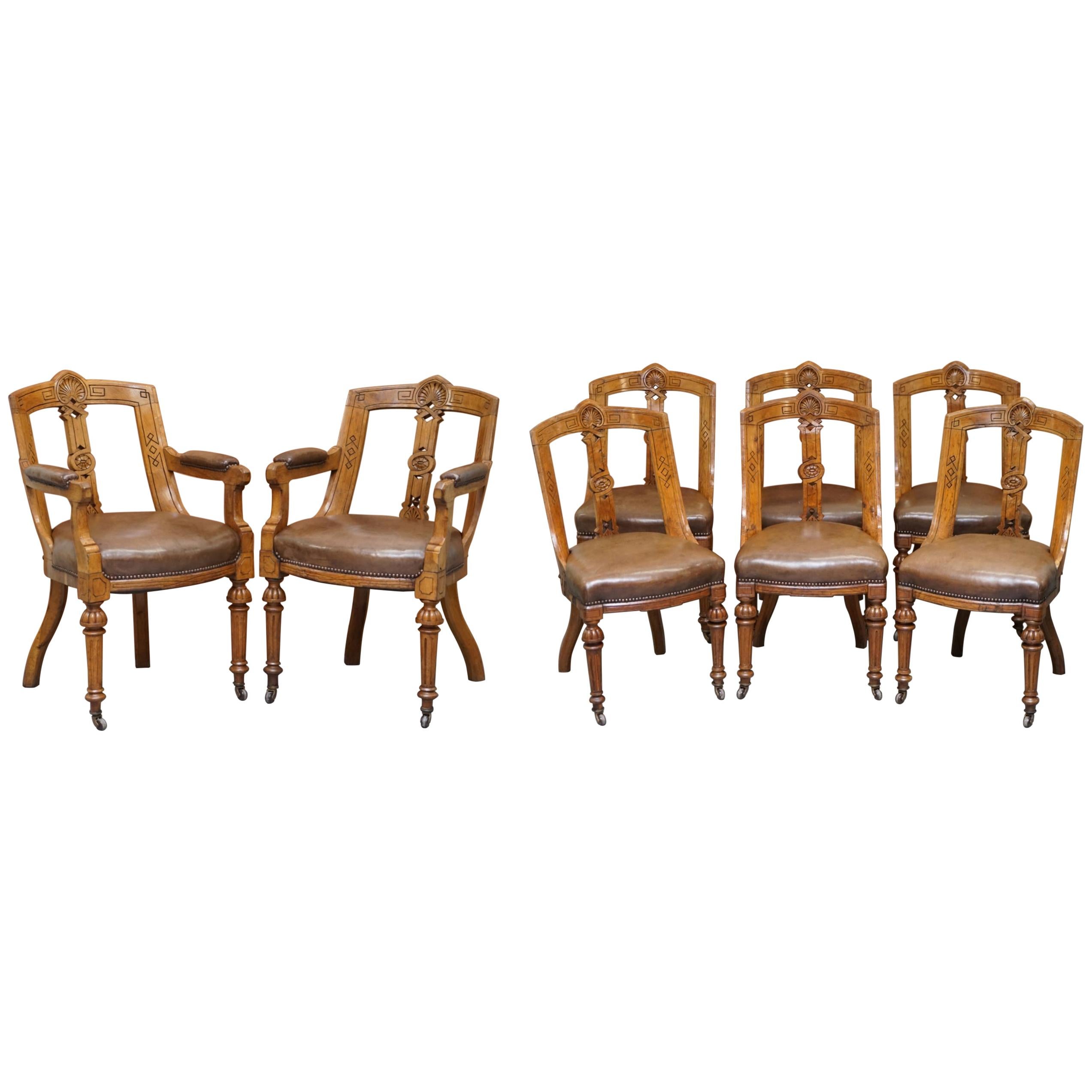 Suite of Eight Victorian Spoon Back Pollard Oak Hand Carved Dining Chairs 8