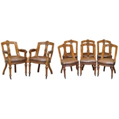 Suite of Eight Victorian Spoon Back Pollard Oak Hand Carved Dining Chairs 8