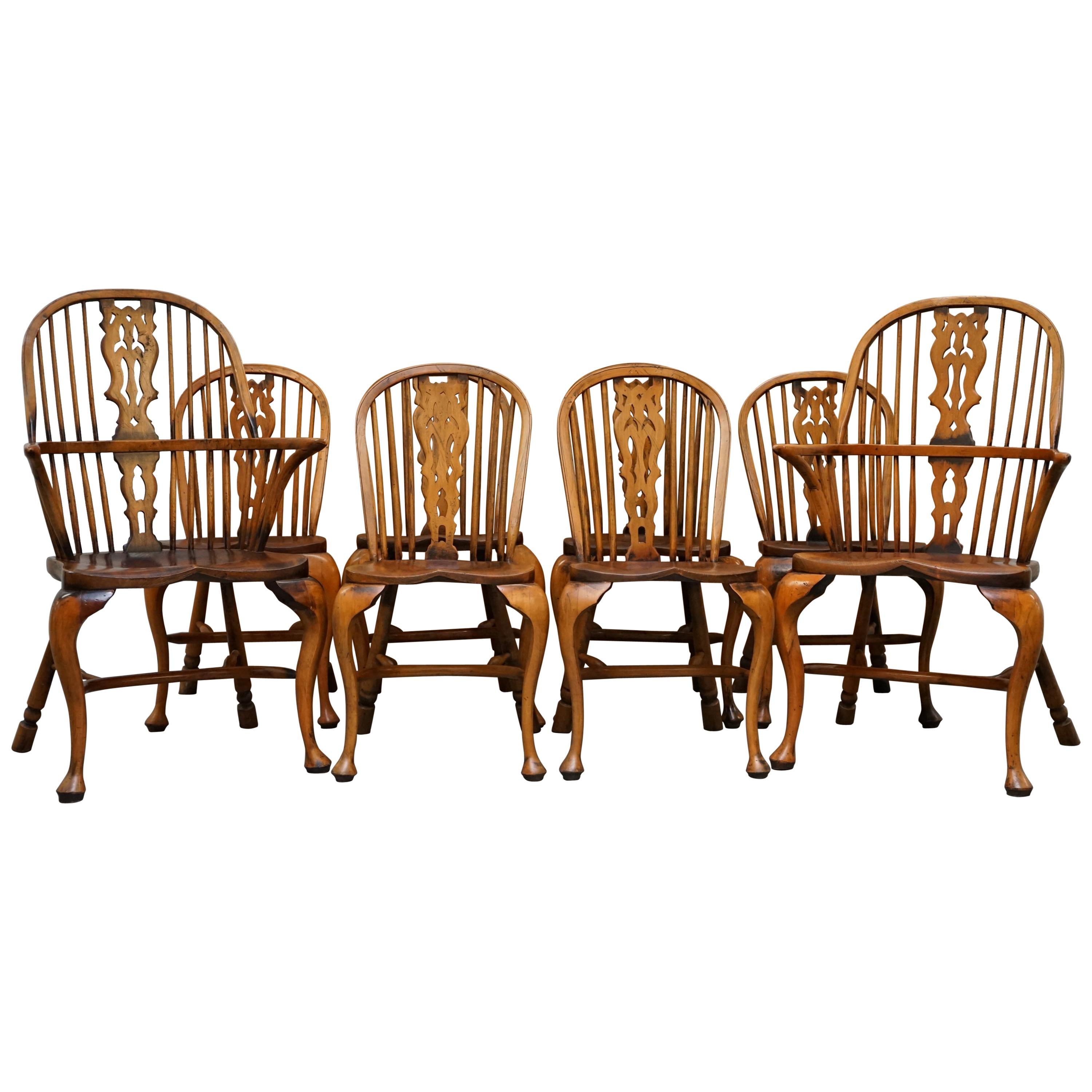 Suite of Eight Vintage English Windsor Dining Chairs Including Two Armchairs