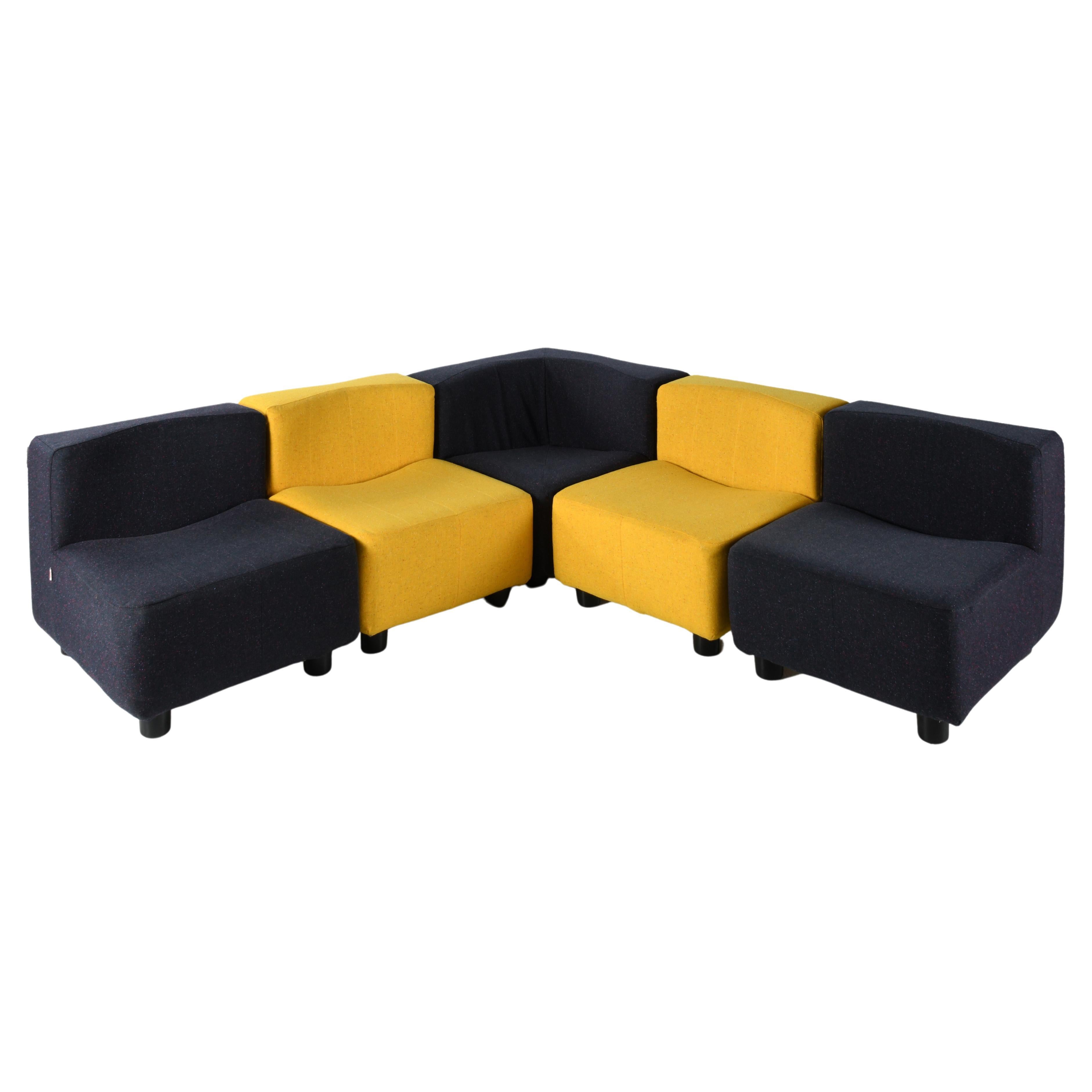 Suite of five armchairs forming a large modular sofa, foam and fabric For Sale