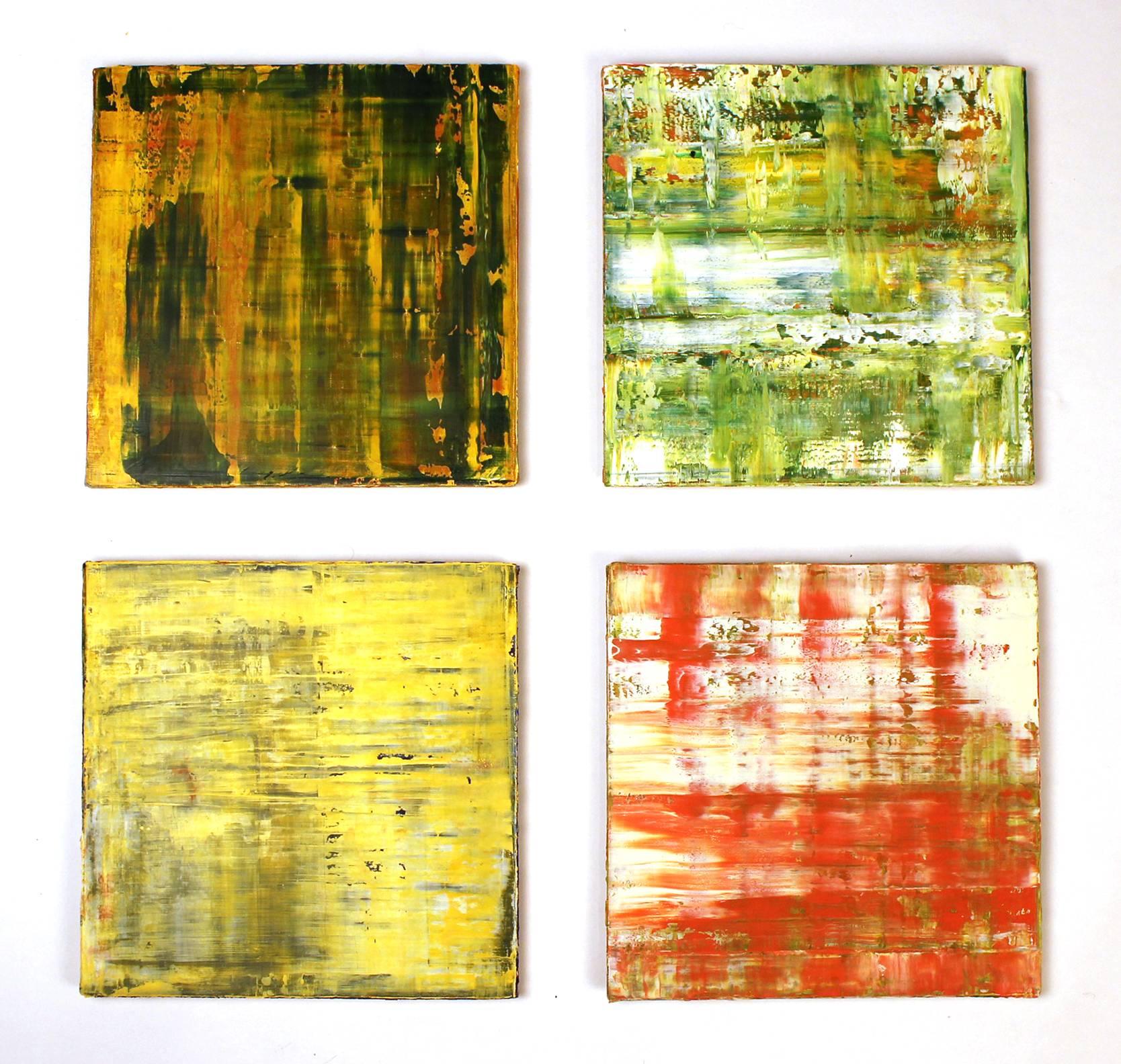 Set of four abstract oil paintings on linen mounted to chipboard. Titled Yellow Field, Orange Field, Green Field and Light Green Field. Can be hung in a grouping or individually. Would work well in a frame but they were designed by the artist to