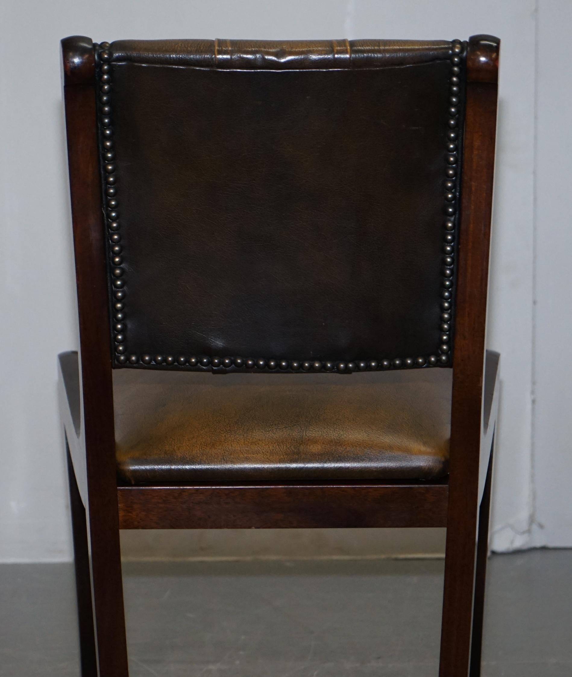 Suite of Four Aged Pretol Brown Leather & Hardwood Chesterfield Dining Chairs 4 4