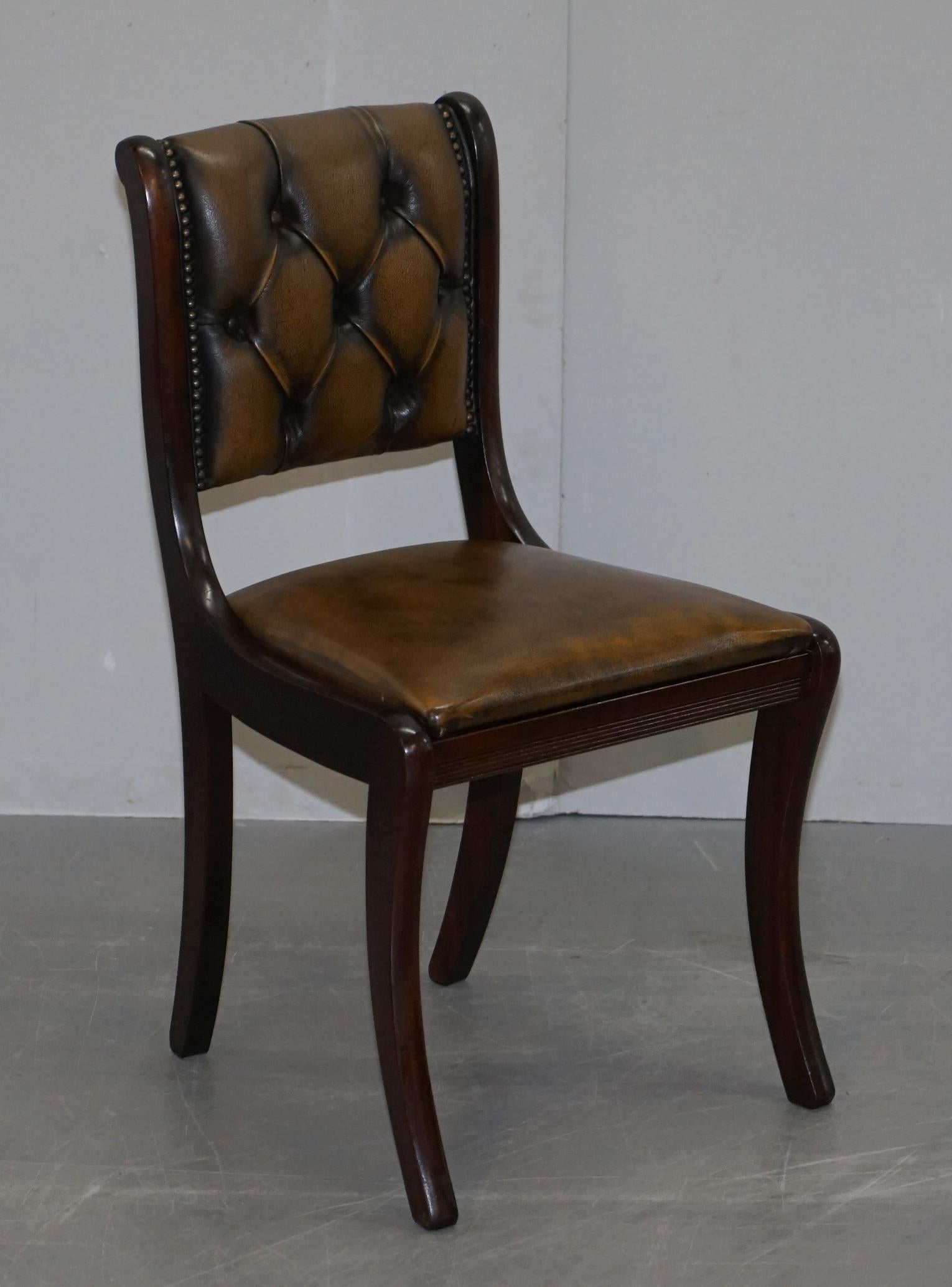 Suite of Four Aged Pretol Brown Leather & Hardwood Chesterfield Dining Chairs 4 6