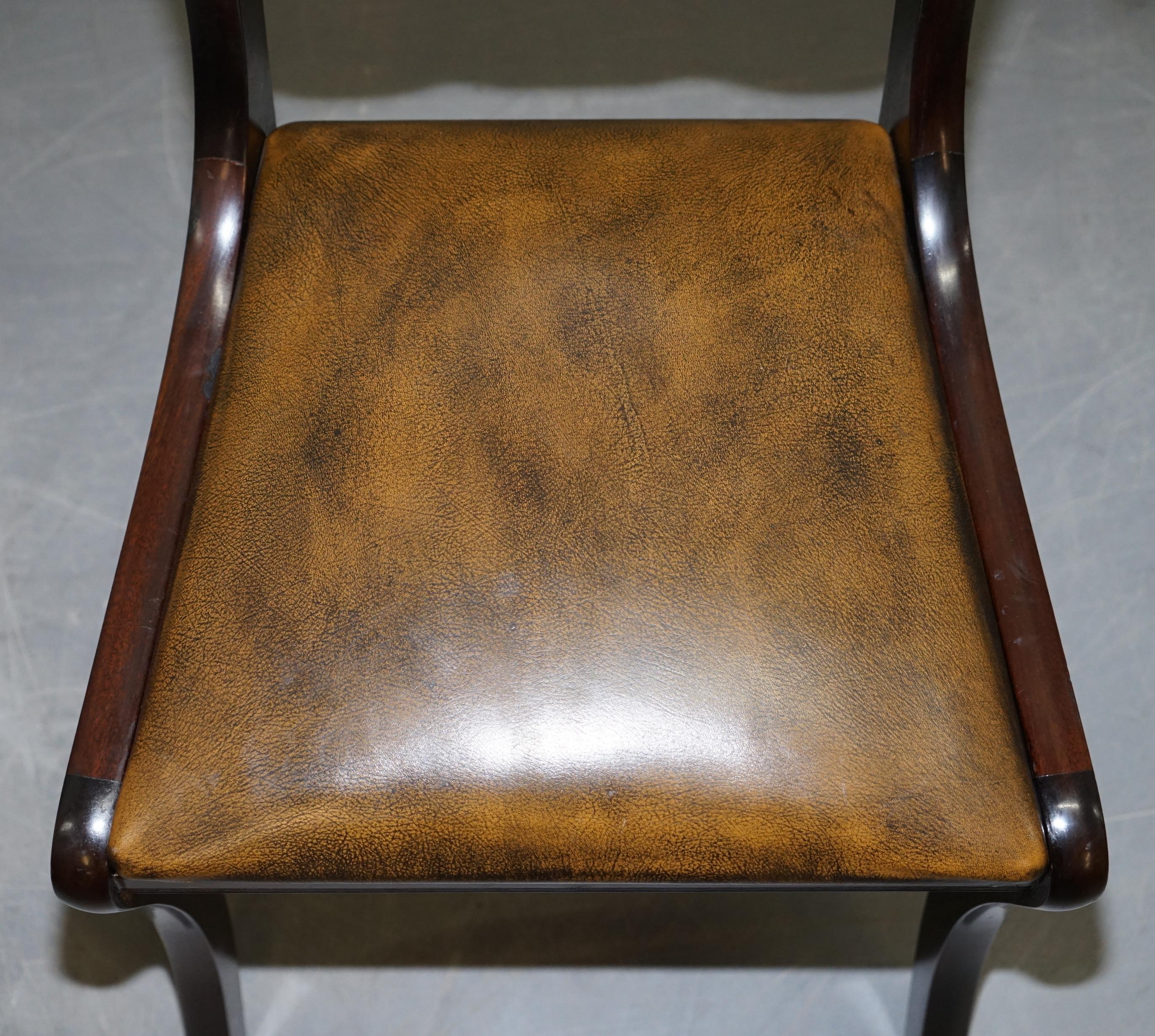 Suite of Four Aged Pretol Brown Leather & Hardwood Chesterfield Dining Chairs 4 7