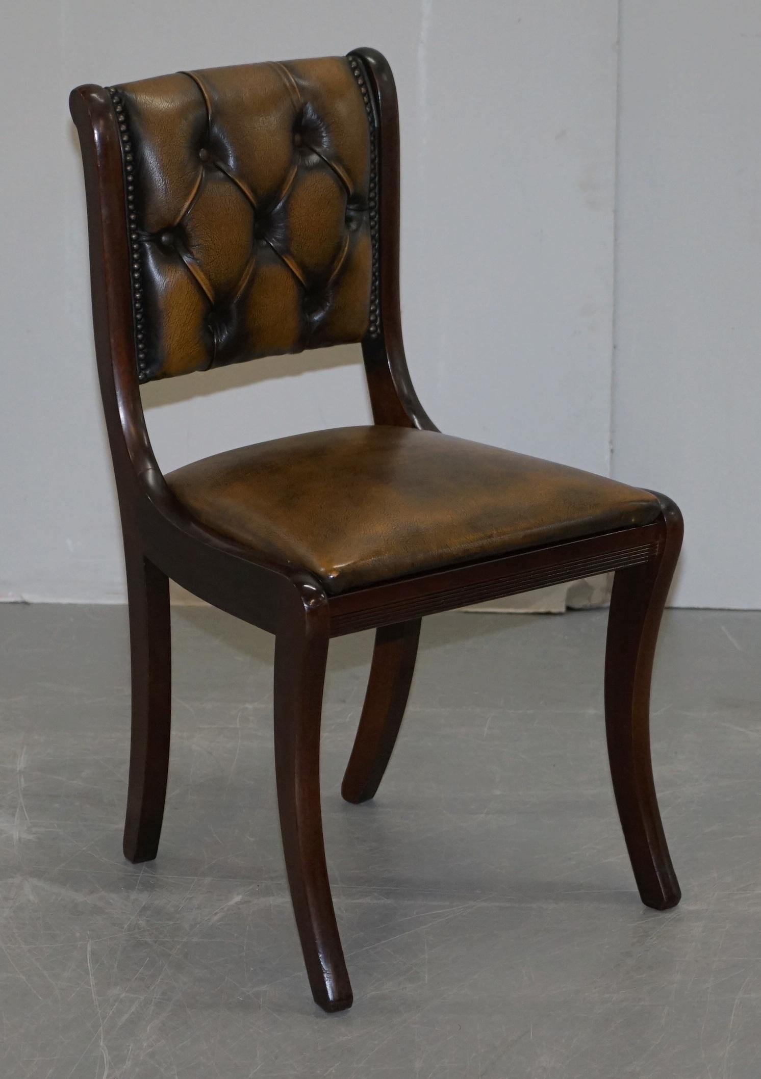 Suite of Four Aged Pretol Brown Leather & Hardwood Chesterfield Dining Chairs 4 8