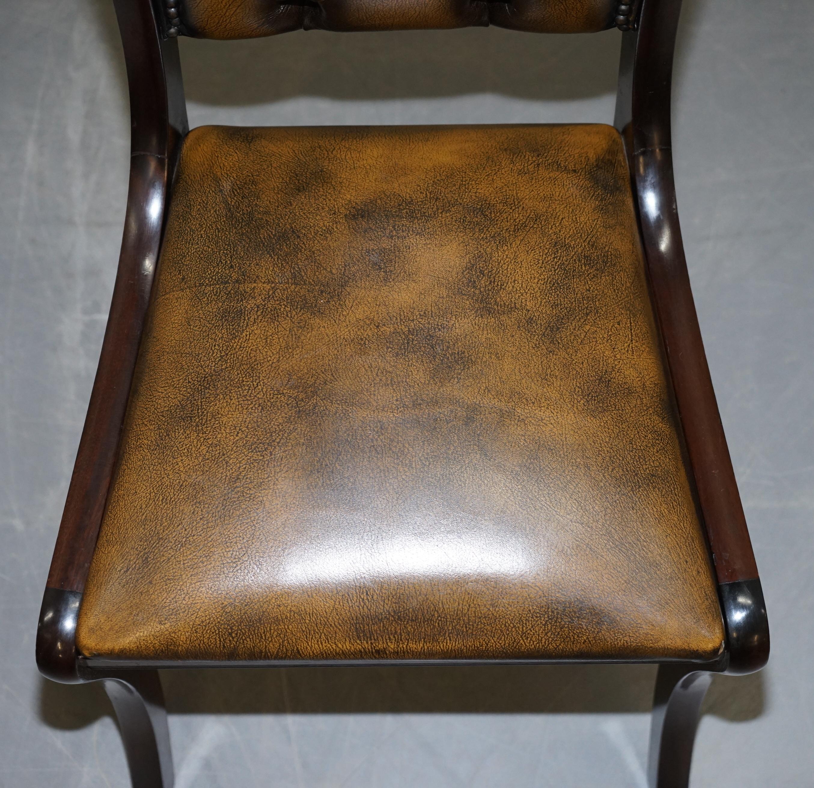 Suite of Four Aged Pretol Brown Leather & Hardwood Chesterfield Dining Chairs 4 9