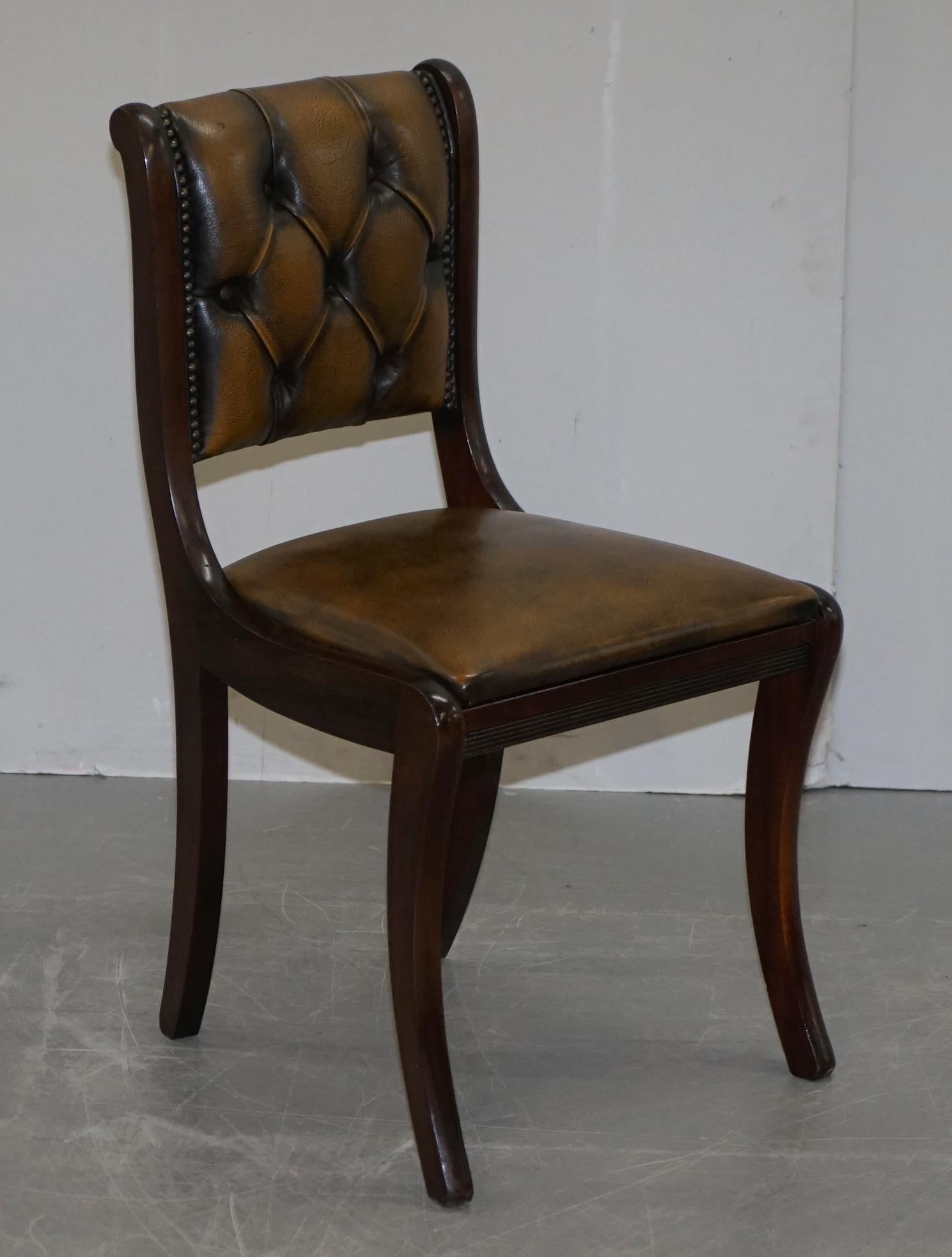 Suite of Four Aged Pretol Brown Leather & Hardwood Chesterfield Dining Chairs 4 10
