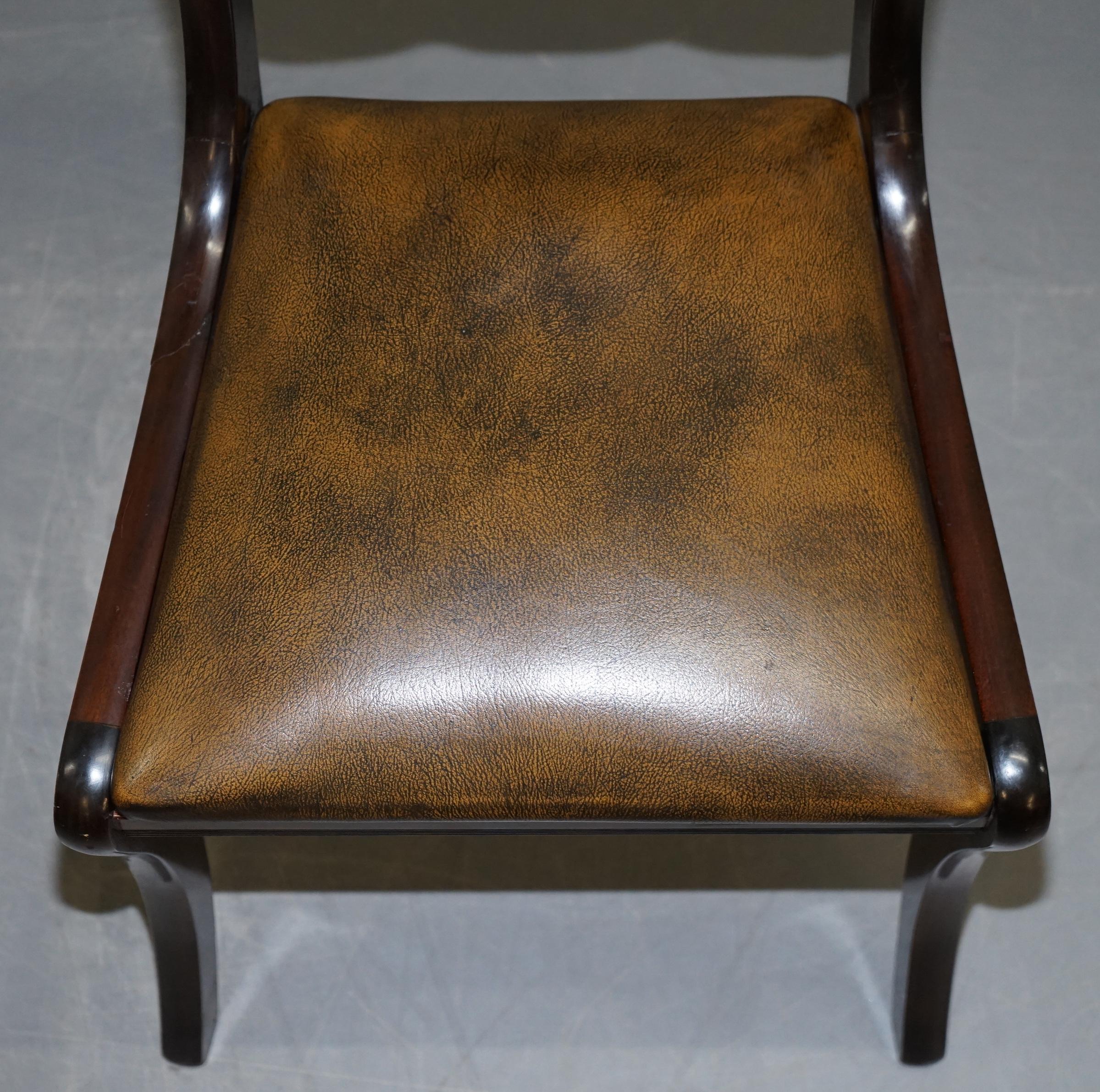 Suite of Four Aged Pretol Brown Leather & Hardwood Chesterfield Dining Chairs 4 11