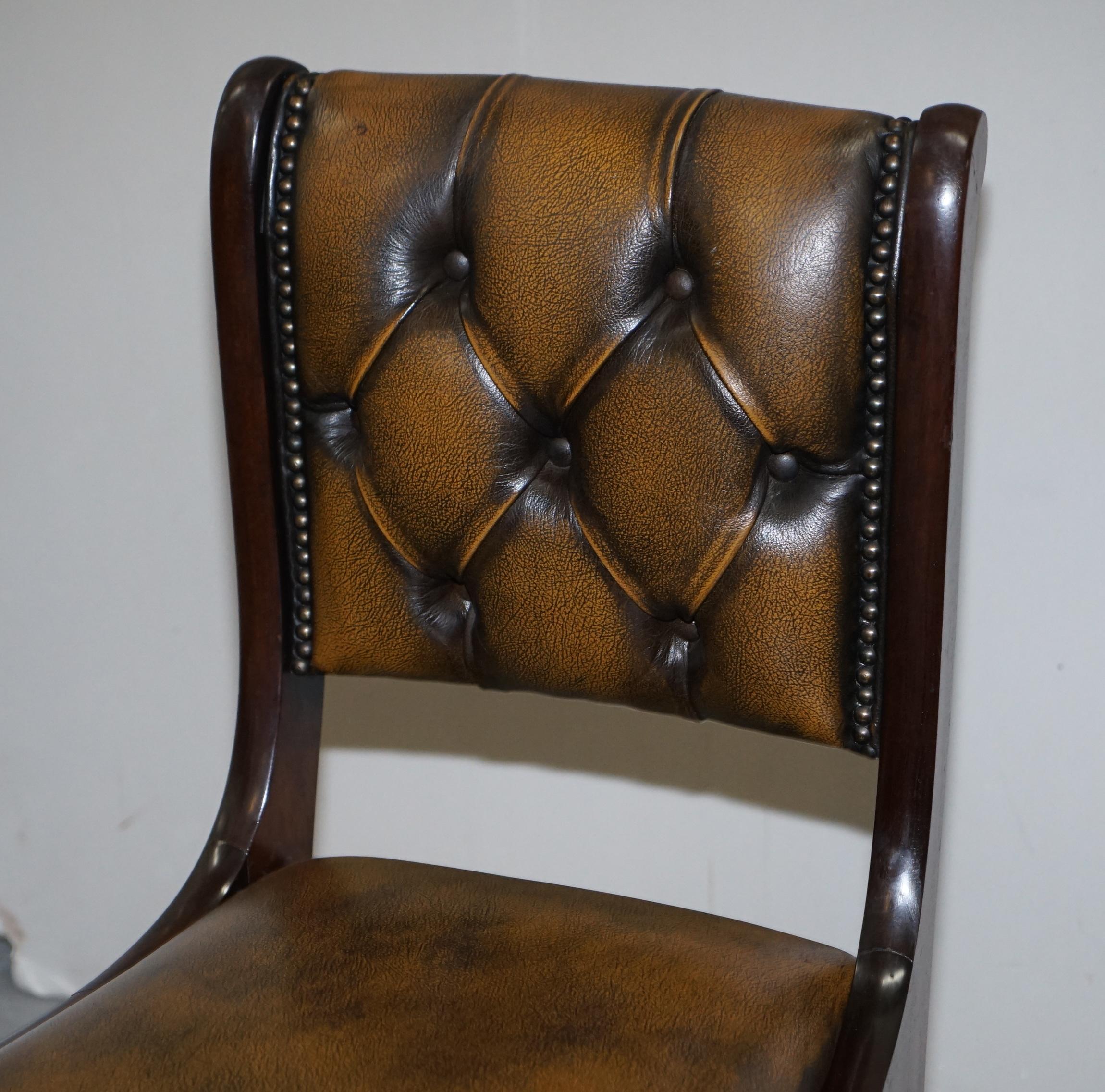 Suite of Four Aged Pretol Brown Leather & Hardwood Chesterfield Dining Chairs 4 12