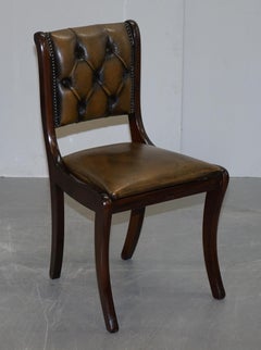 Suite of Four Aged Pretol Brown Leather & Hardwood Chesterfield Dining Chairs 4