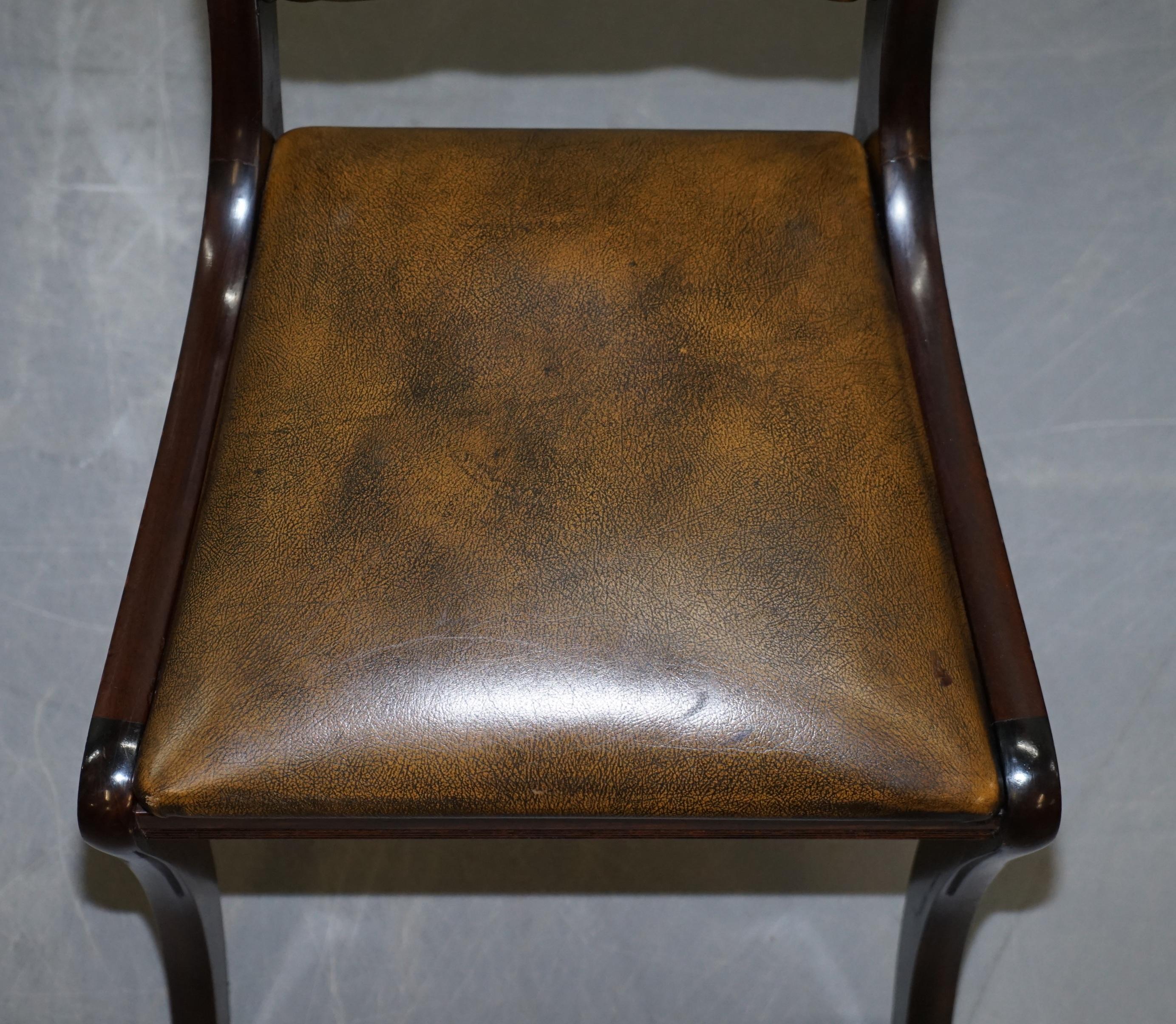 English Suite of Four Aged Pretol Brown Leather & Hardwood Chesterfield Dining Chairs 4