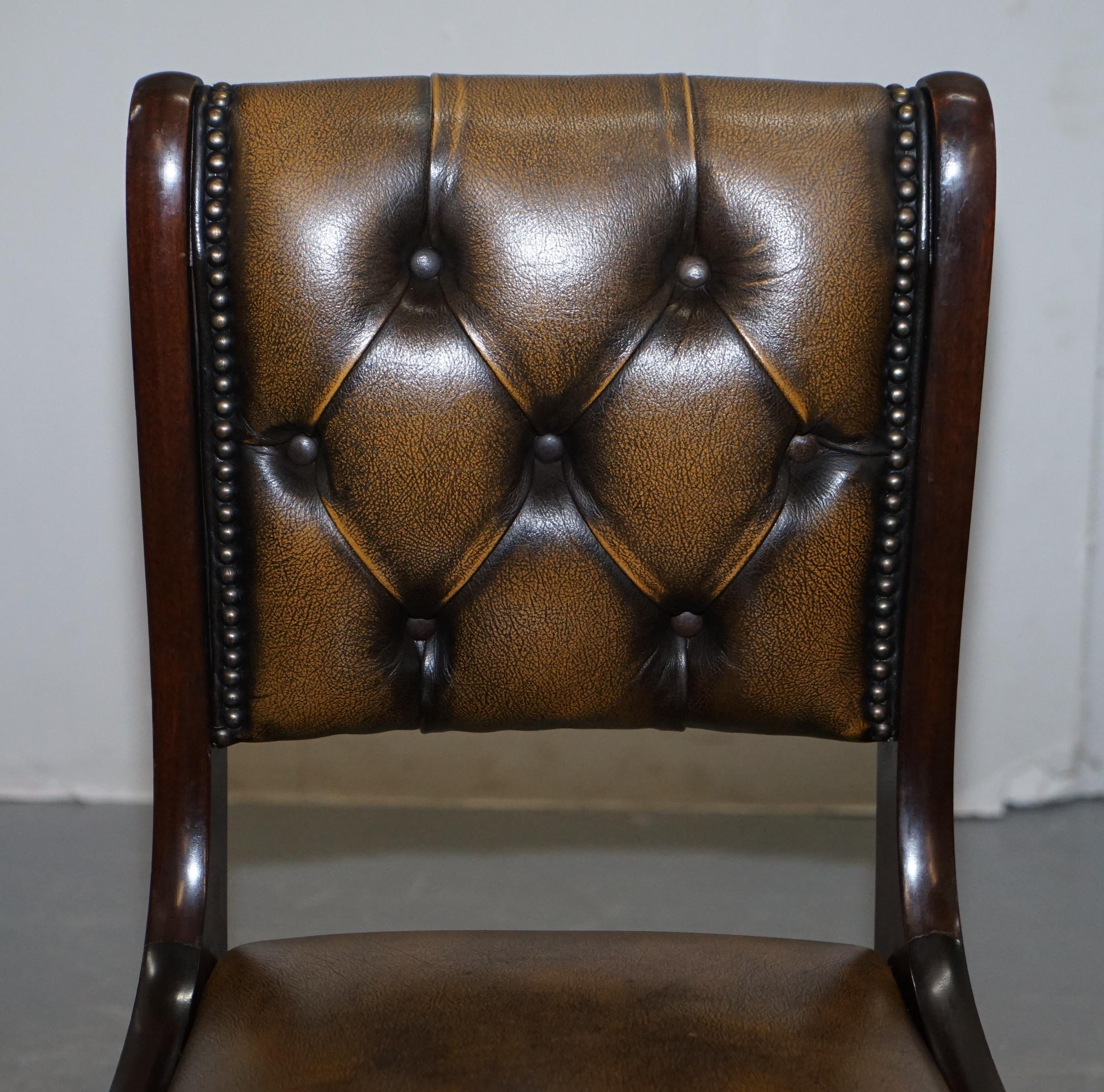Hand-Crafted Suite of Four Aged Pretol Brown Leather & Hardwood Chesterfield Dining Chairs 4